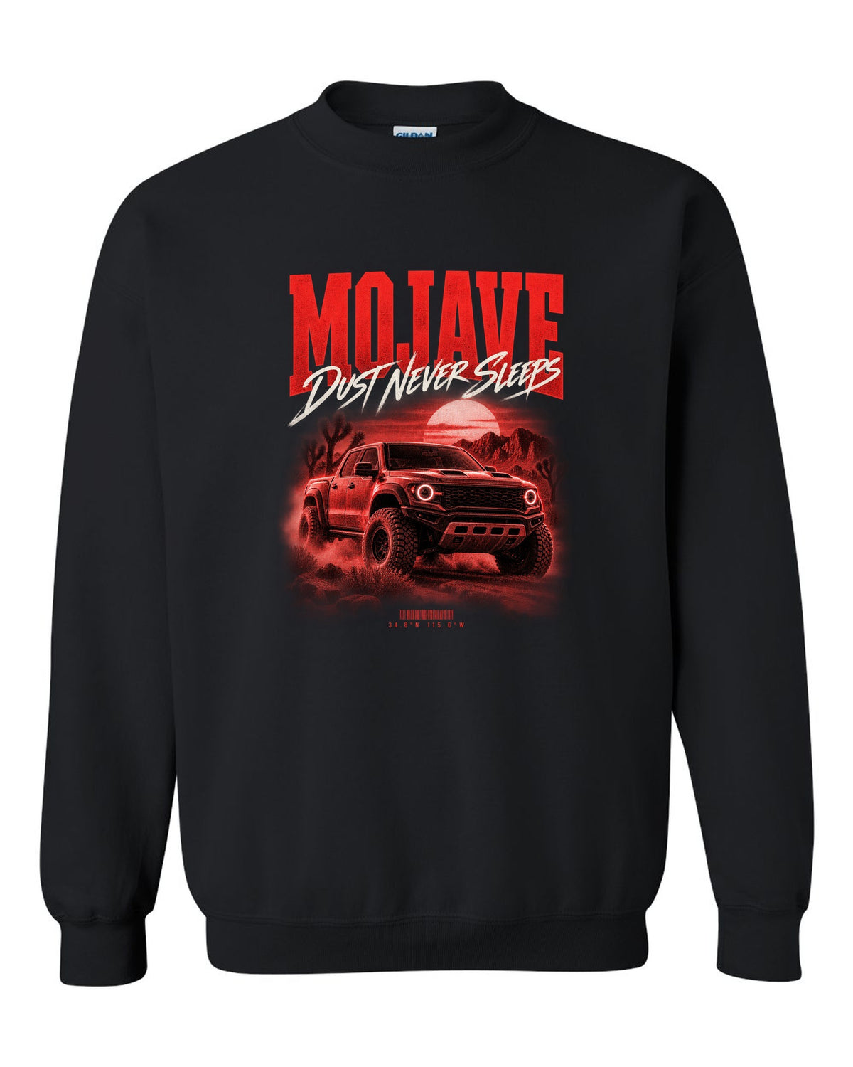 Jeep Gladiator JT Mojave street poster print with desert coordinates black crewneck front view with the design