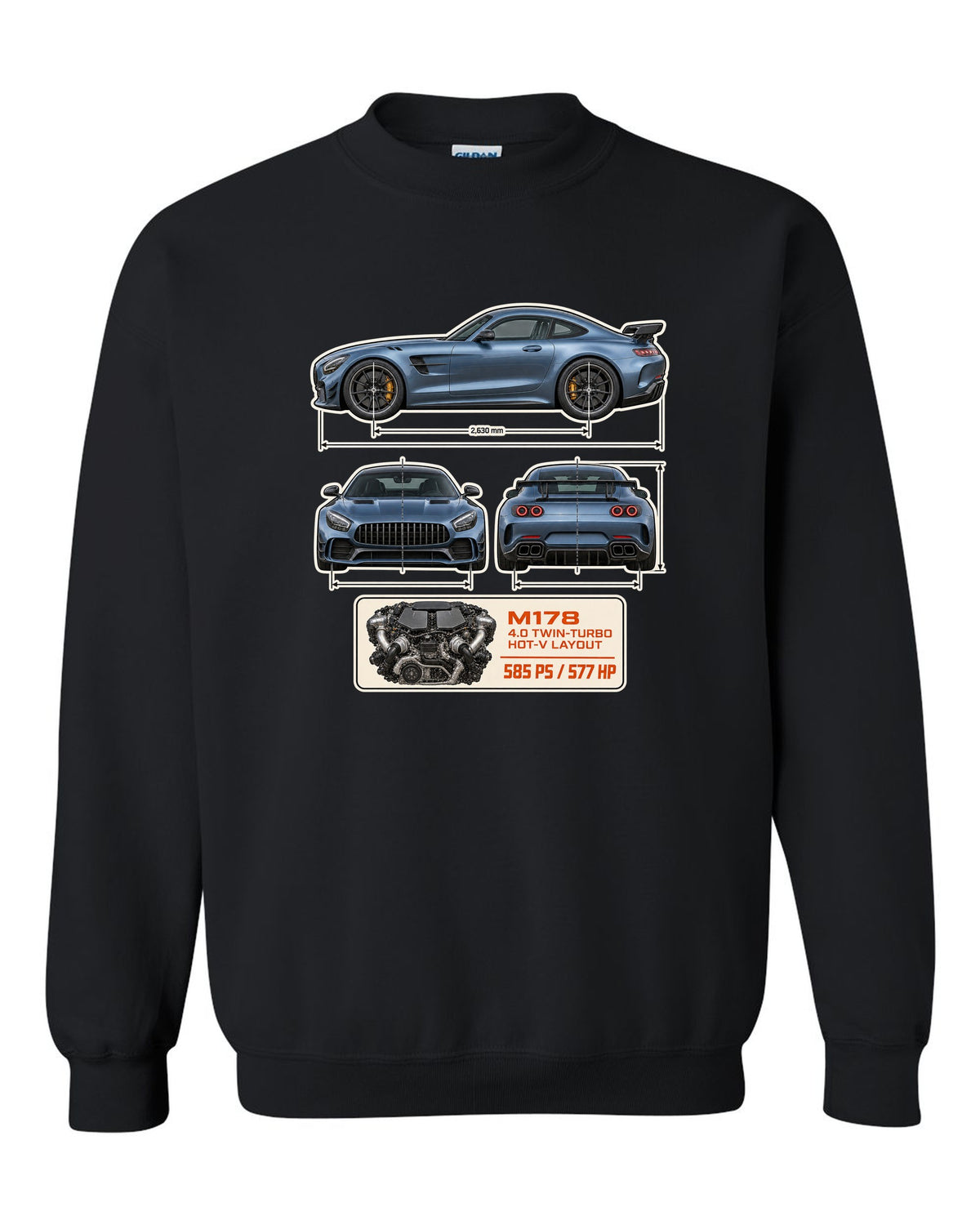 Mercedes-AMG GT R C190 dimension blueprint print black crewneck front view with the design