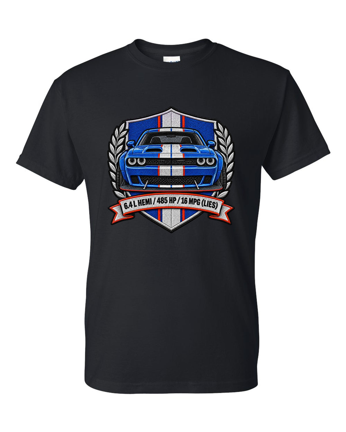 Embroidered shield patch design for a 2015 Dodge Challenger Scat Pack 392 Widebody with 6.4 L HEMI specs black t-shirt front view with the design