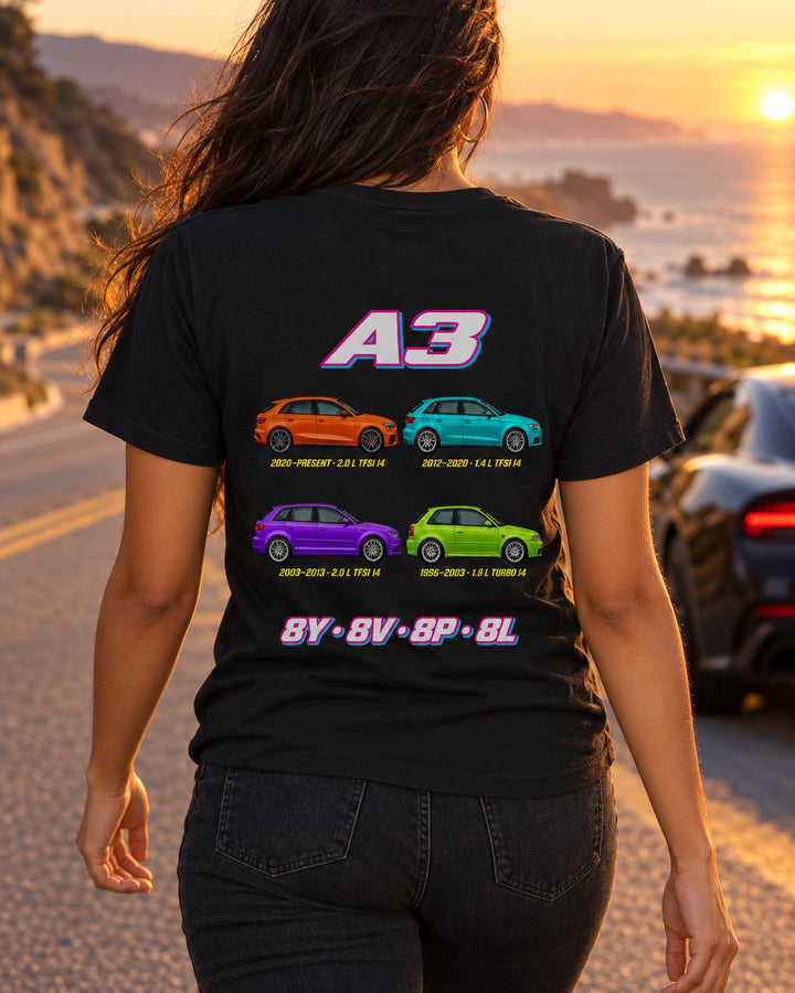 Audi A3 Evolution Poster Full-Back Graphic Tee T-Shirt Black worn hero