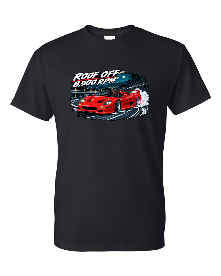 Cel-shaded anime night touge print of a 1995 Ferrari F50 F130 with roof off and 8,500 RPM text black t-shirt front view with the design