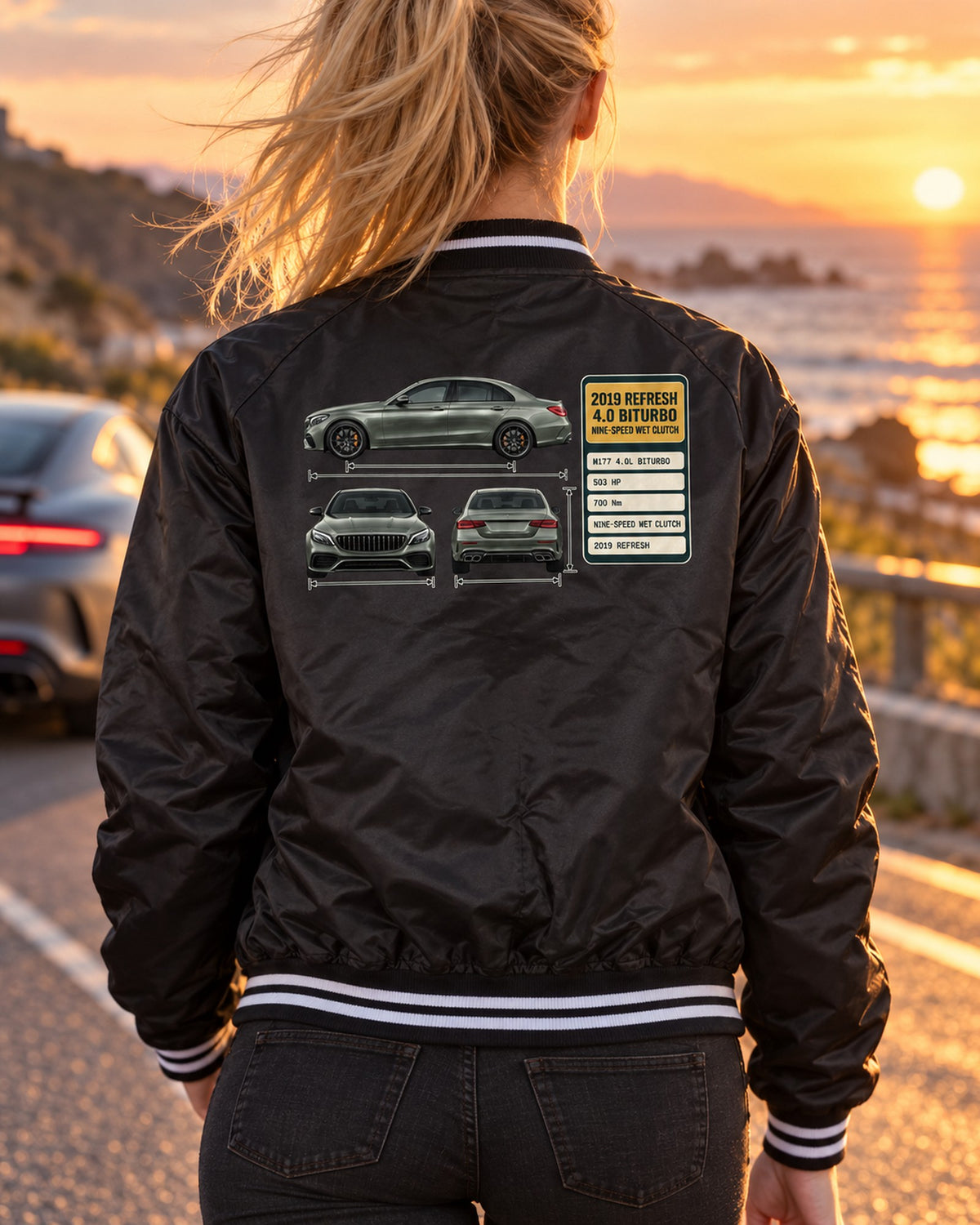 Mercedes-AMG C63 S W205 Facelift Spec Poster Shirt, Car Guy Gift Bomber Jacket Black worn hero