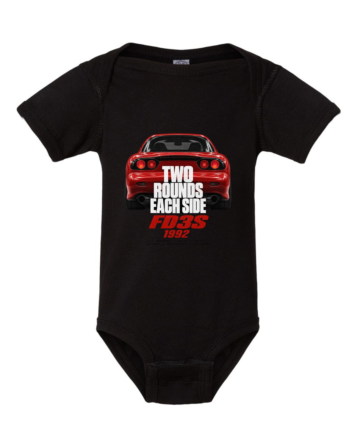 Taillight macro print of a Mazda RX-7 FD3S with round lamps black baby onesie front view with the design