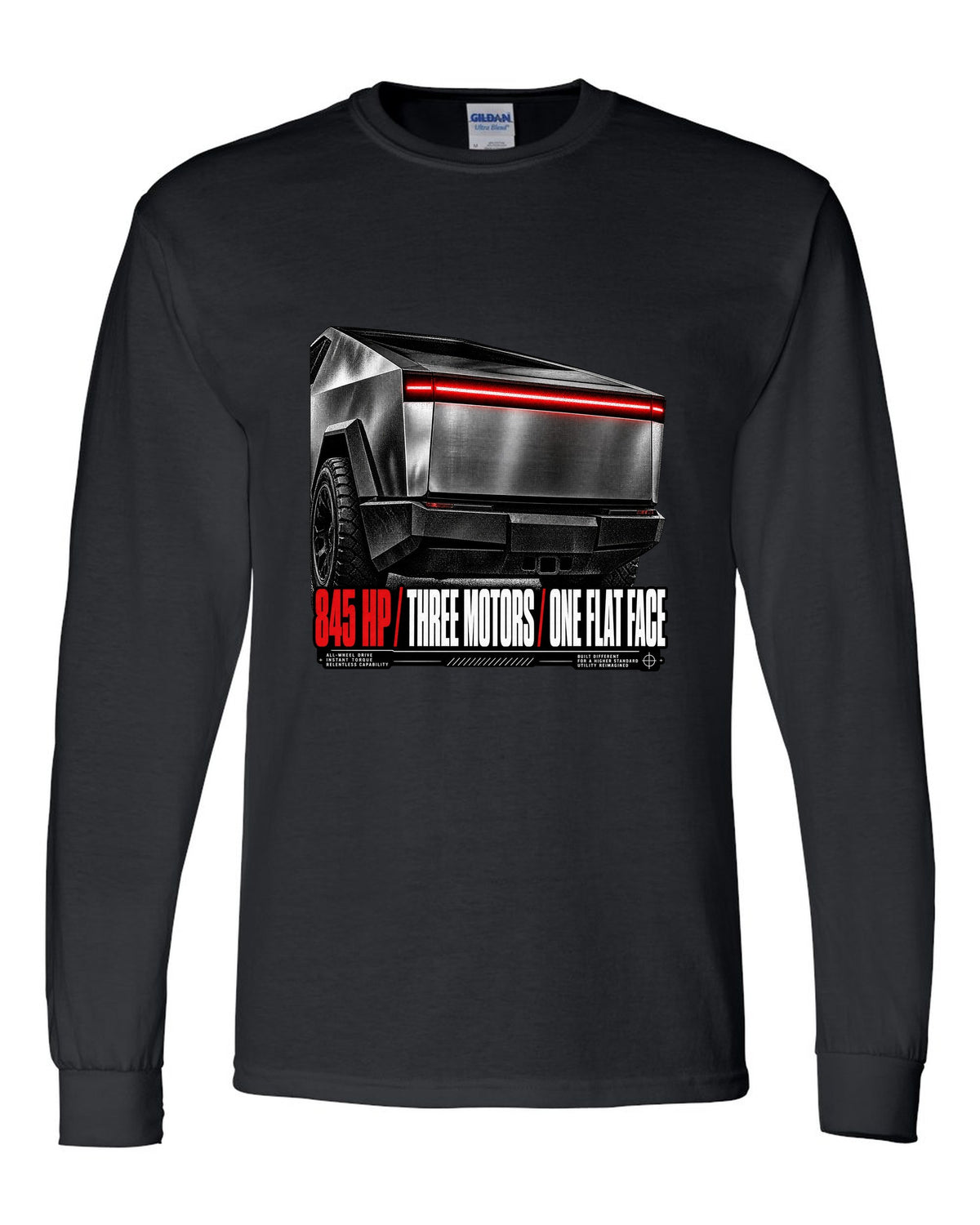 Macro of the Tesla Cybertruck Cyberbeast 2024 light bar with 845 HP and three motors text black long sleeve front view with the design