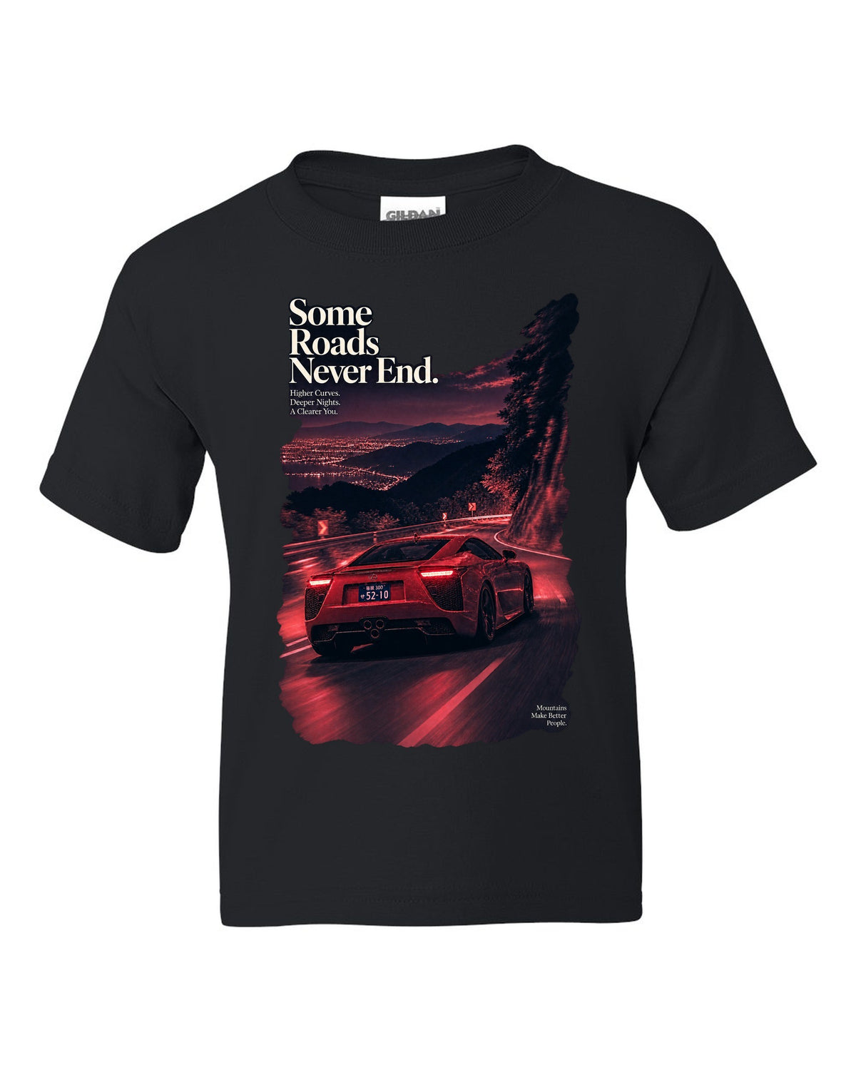Night touge scene with the Lexus LFA in magenta-red monochrome black kids tee front view with the design