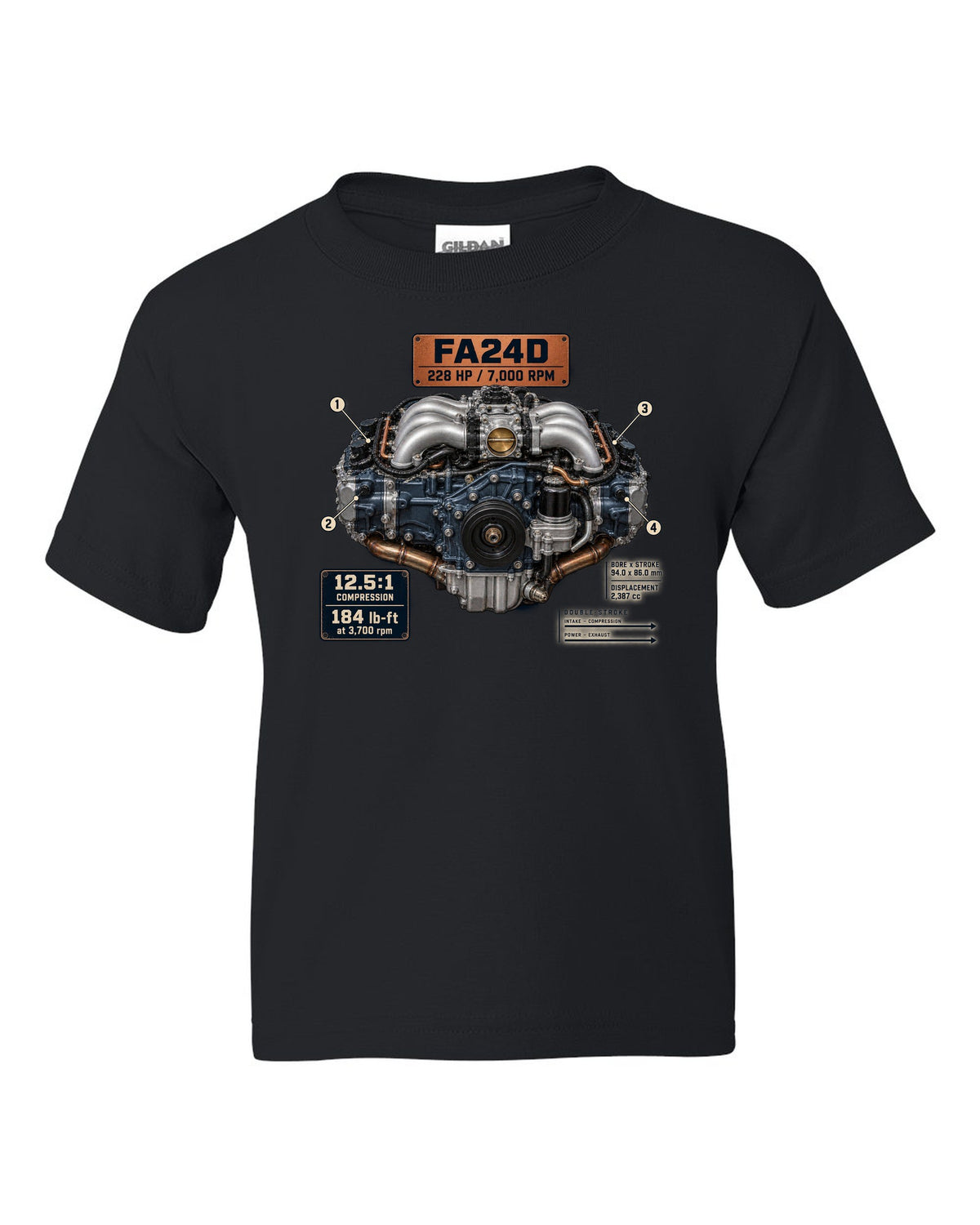 Poster-style engine print of the FA24D flat-four from the Subaru BRZ ZD8 and Toyota GR86 ZN8 black kids tee front view with the design