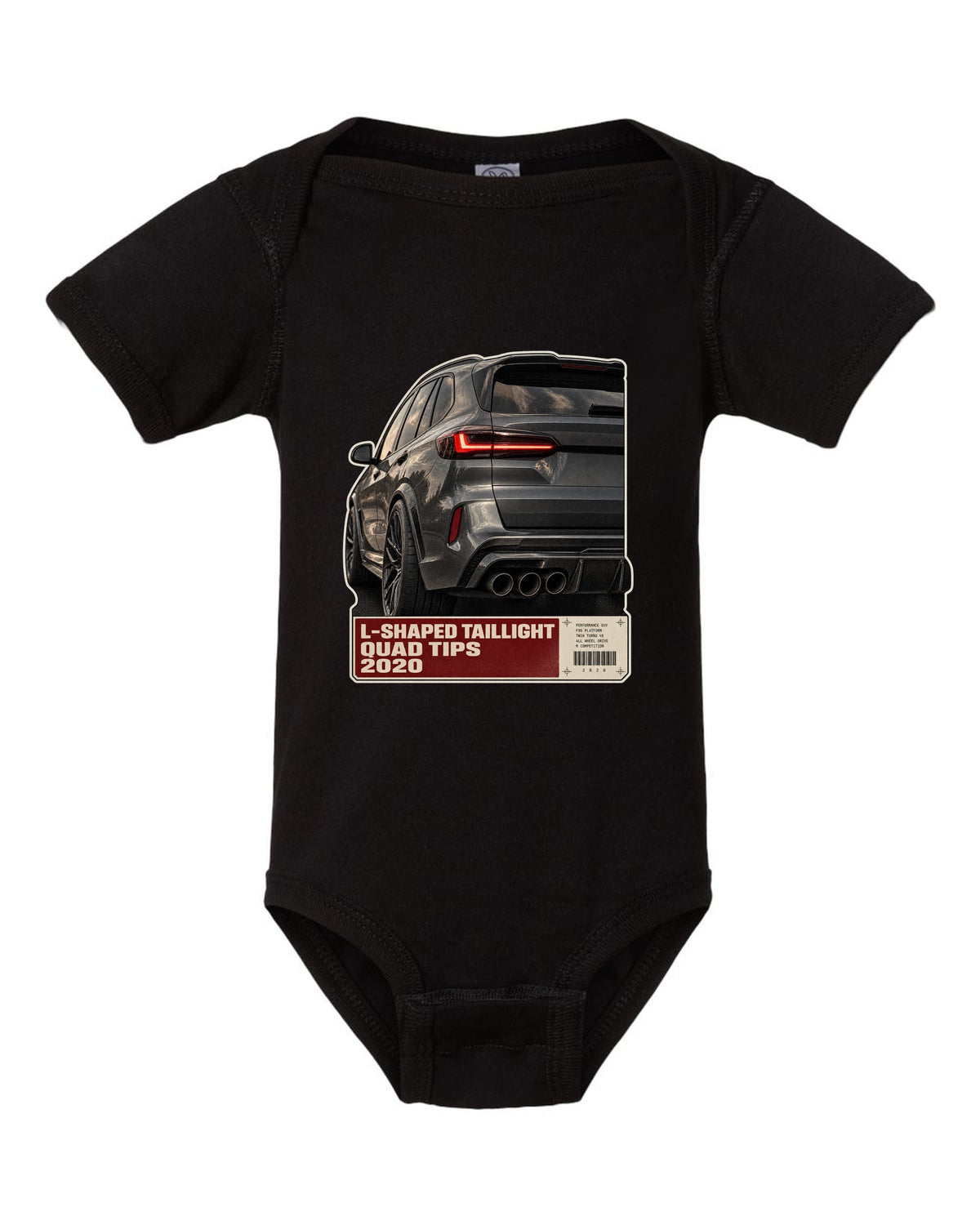 Macro print of the L-shaped taillight and quad tips on a BMW X5 M Competition F95 black baby onesie front view with the design