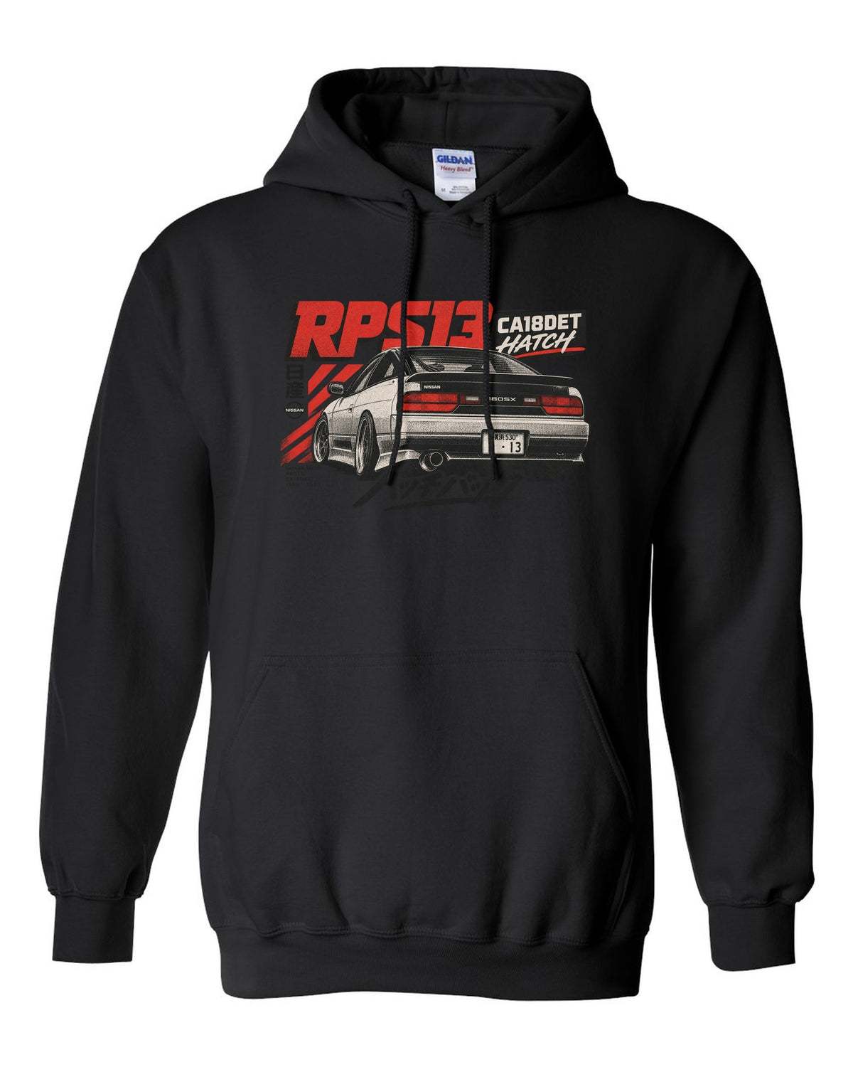 Risograph three-colour rear view print of a Nissan 180SX RPS13 ch with CA18DET text black pull over hoodie front view with the design