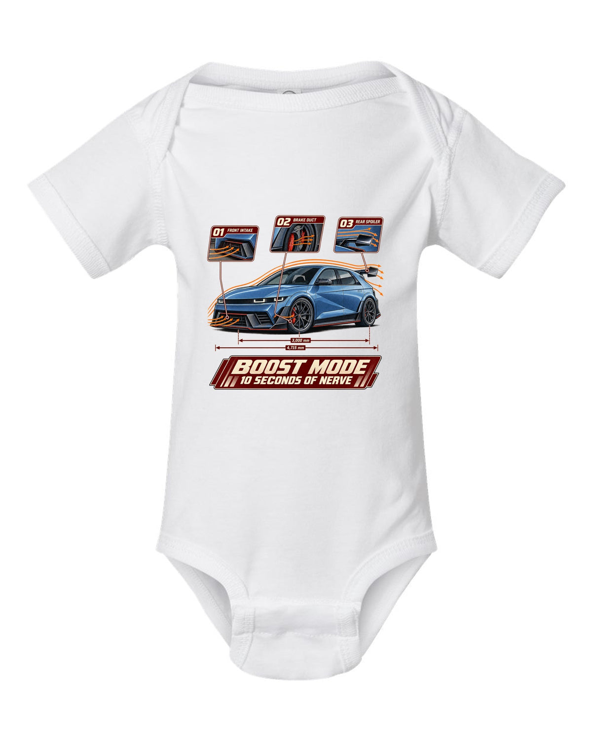 Hyundai Ioniq 5 N aero cutaway callouts print white baby onesie front view with the design
