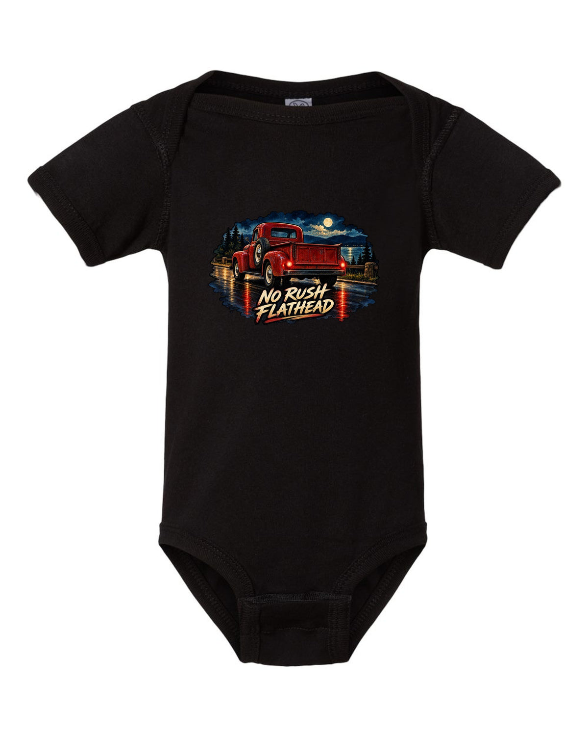 Watercolour wet-road night print of a red Dodge Power Wagon WM300 flat fender black baby onesie front view with the design