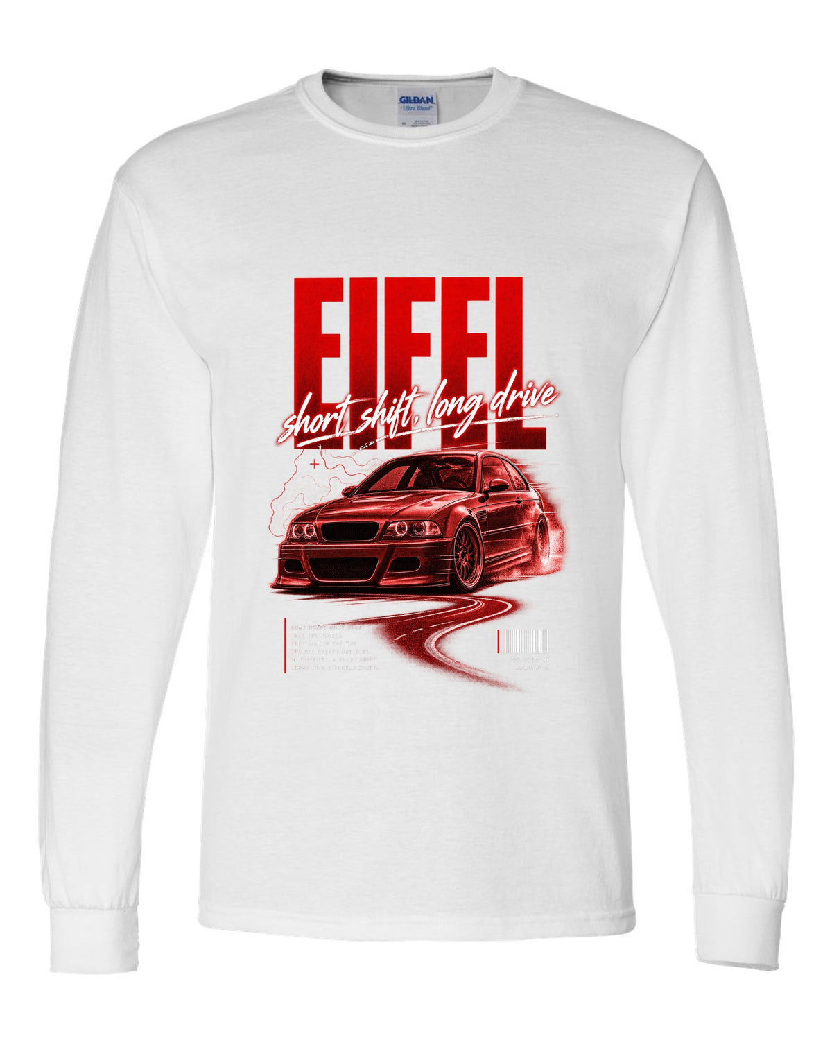 BMW E46 M3 coupe street poster print naming Eifel with short shift long drive text white long sleeve front view with the design