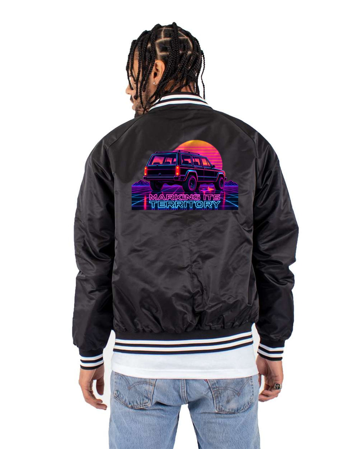 Jeep Cherokee XJ Oil Leak Neon Synthwave Shirt Bomber Jacket Black back