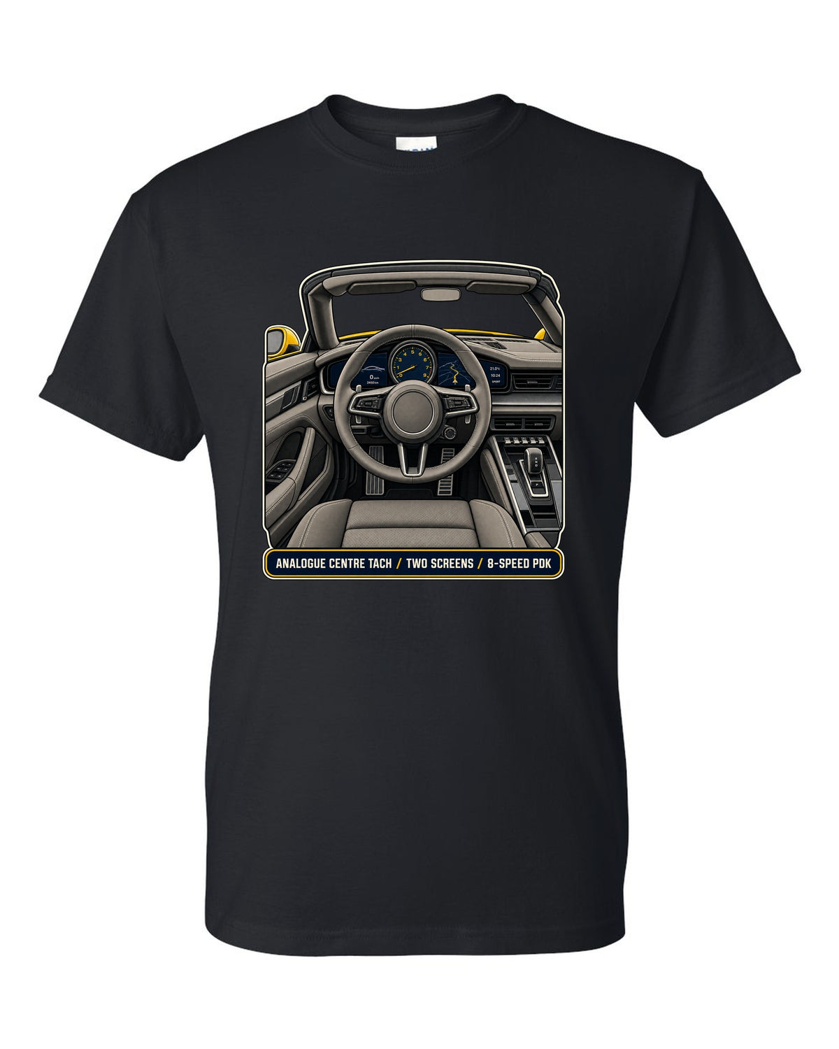 Cockpit and gauge print of a Porsche 992 Carrera S Cabriolet black t-shirt front view with the design