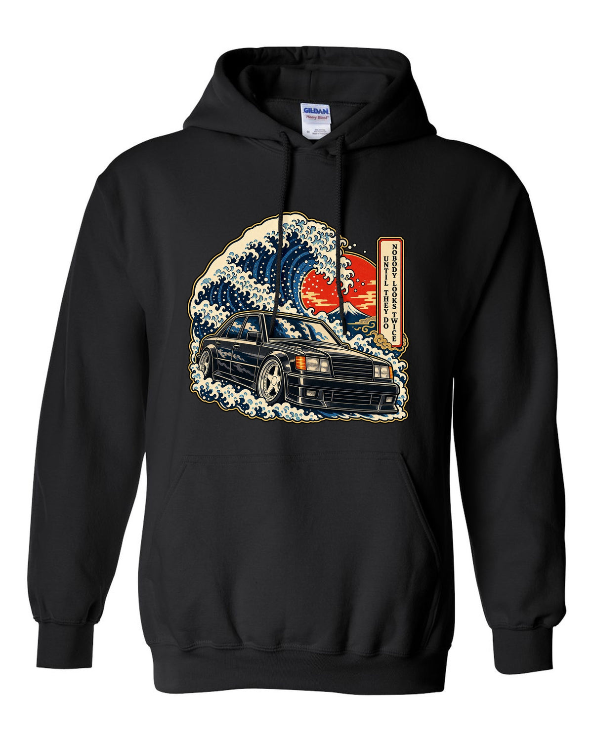 Ukiyo-e woodblock wave over a Mercedes 300E Hammer W124 with caption text black pull over hoodie front view with the design