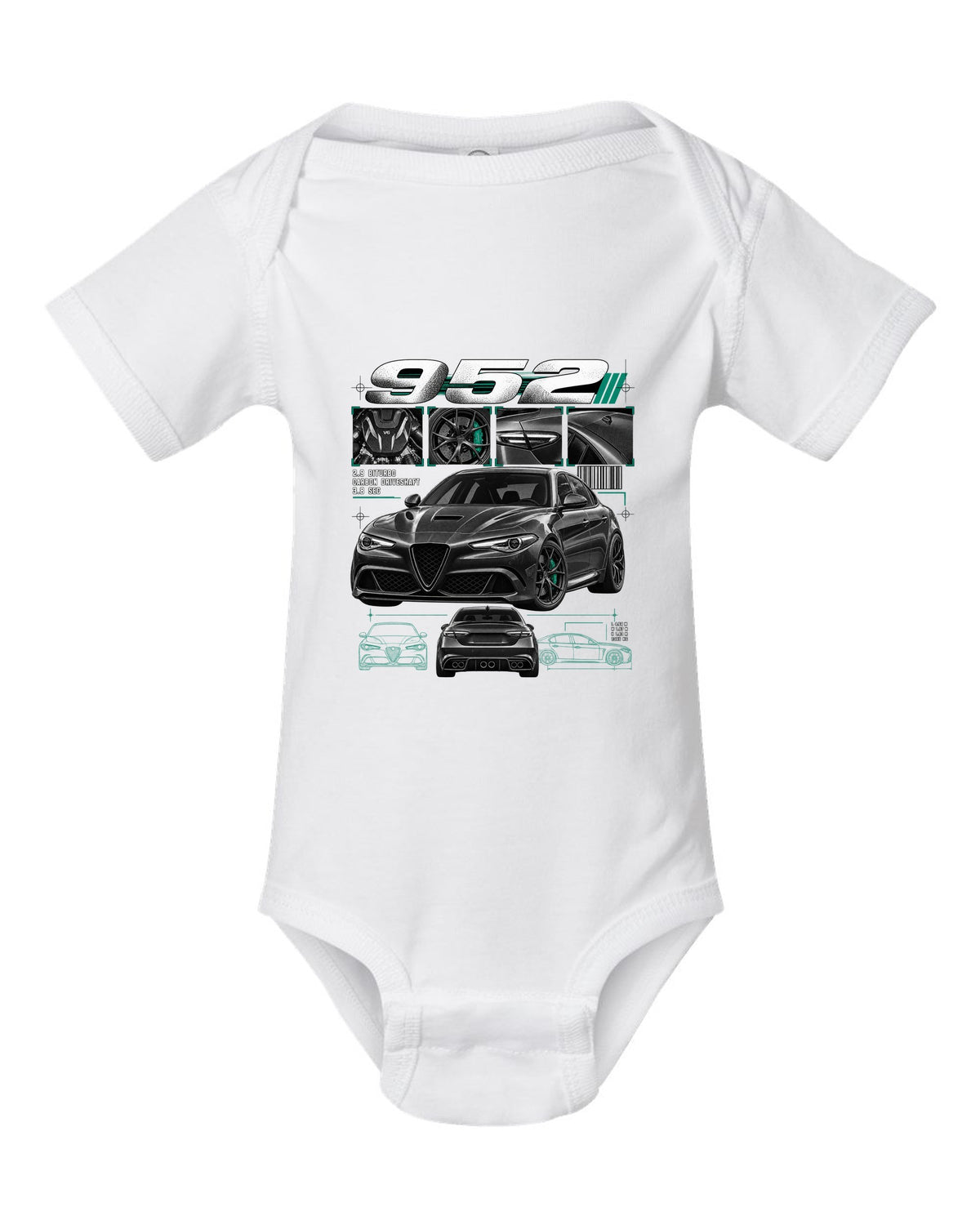 Dossier panel print of an Alfa Romeo Giulia Quadrifoglio 952 with 2.9 biturbo and carbon driveshaft text white baby onesie front view with the design