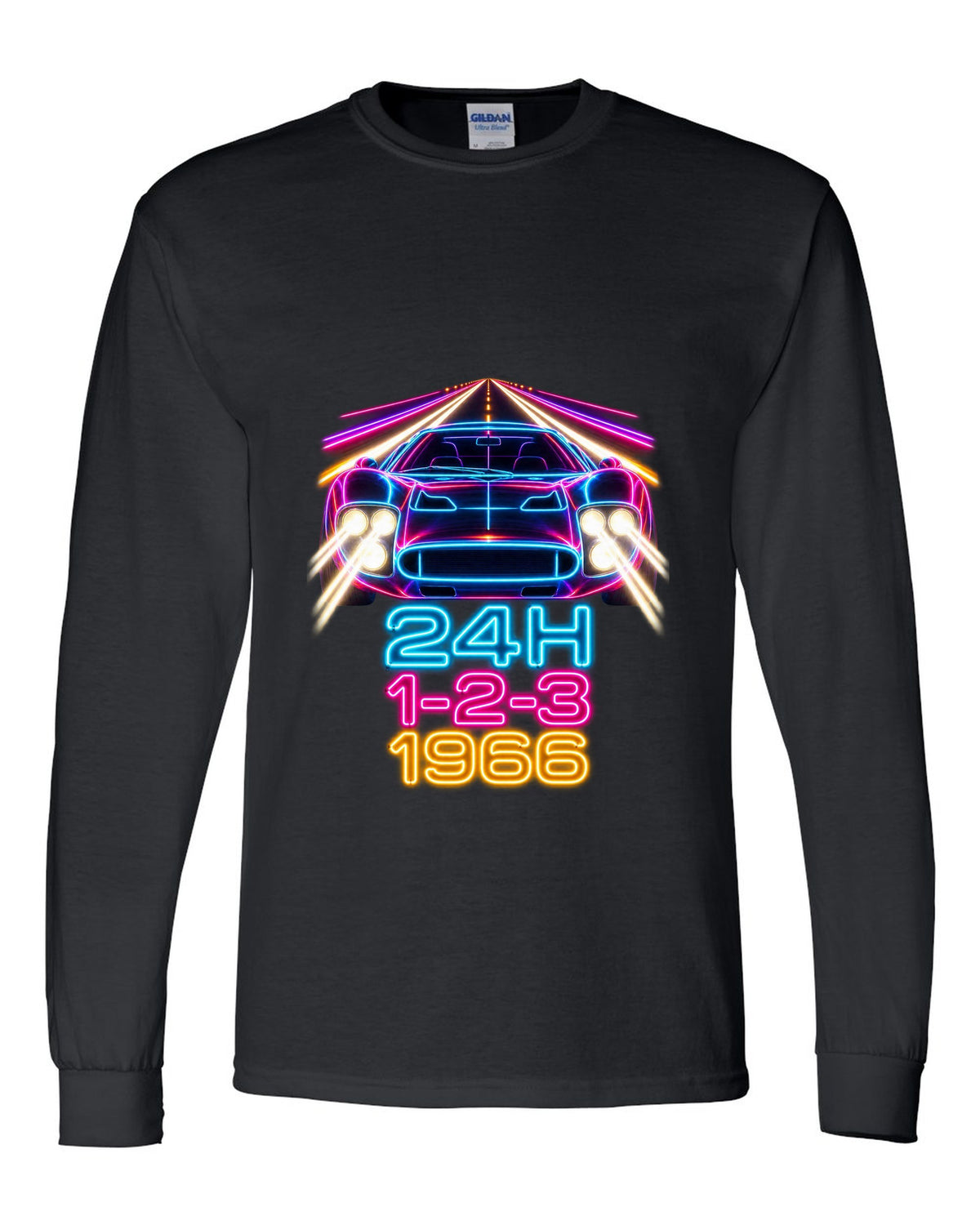 Neon long-exposure light trail print of a 1966 Ford GT40 Mk II with 24H 1-2-3 lettering black long sleeve front view with the design