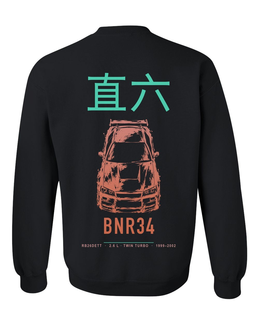 BNR34 full-back artwork black crewneck back view with the design