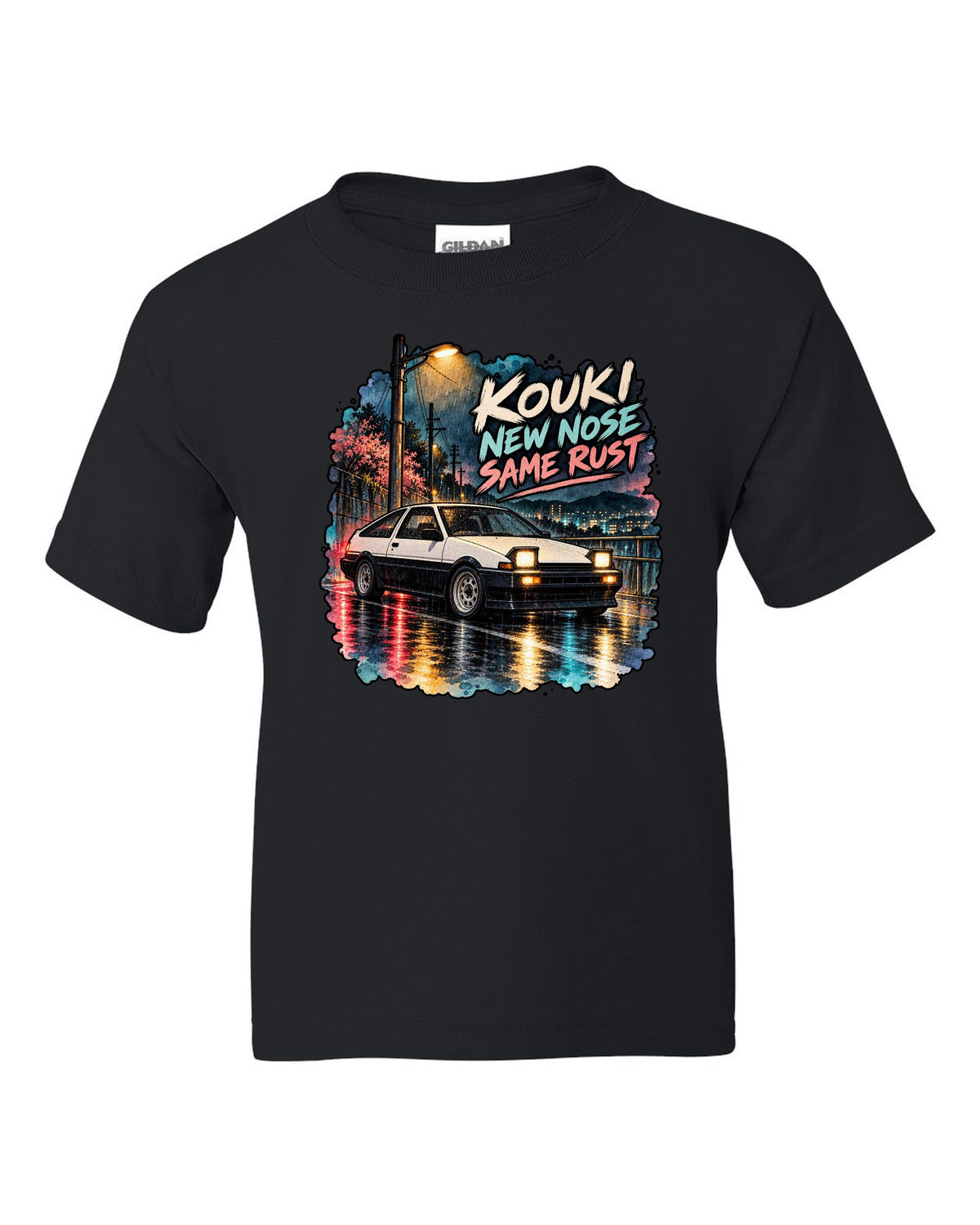 Watercolour wet street night scene with the Toyota AE86 Sprinter Trueno kouki black kids tee front view with the design