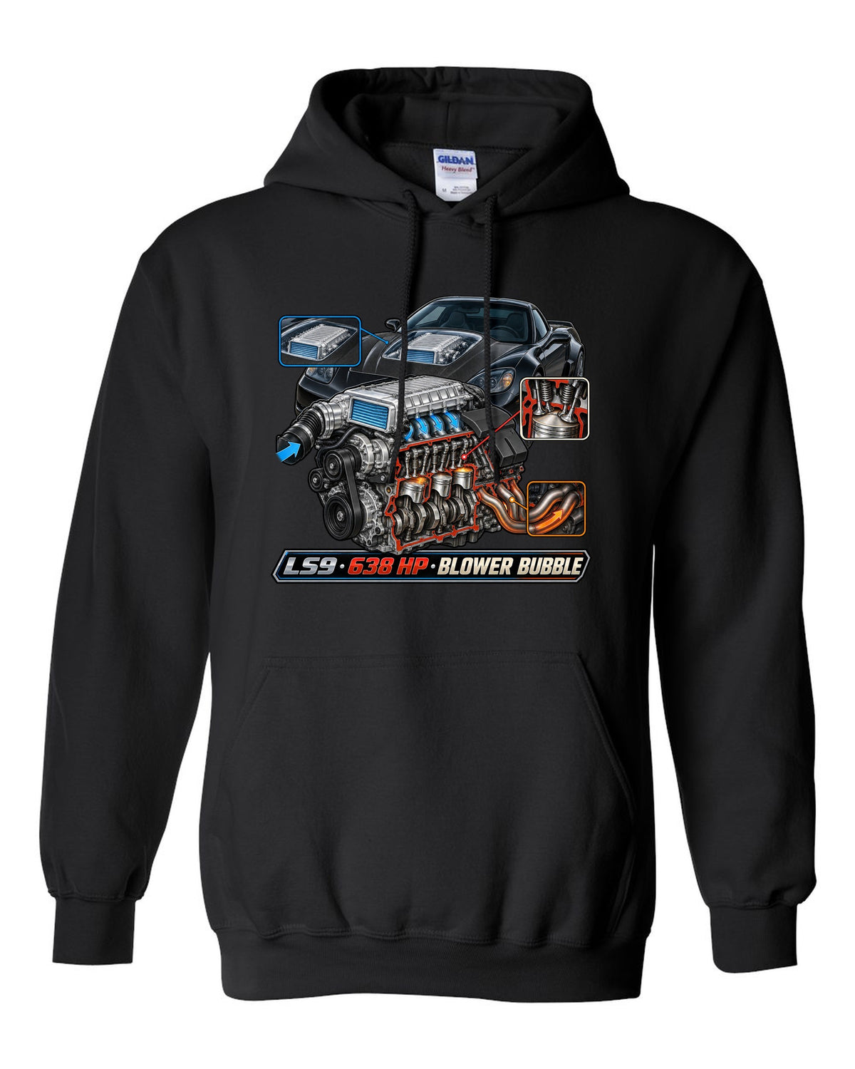 Cutaway engine print of the LS9 supercharger in a 2009 Chevrolet Corvette C6 ZR1 with 638 HP text black pull over hoodie front view with the design