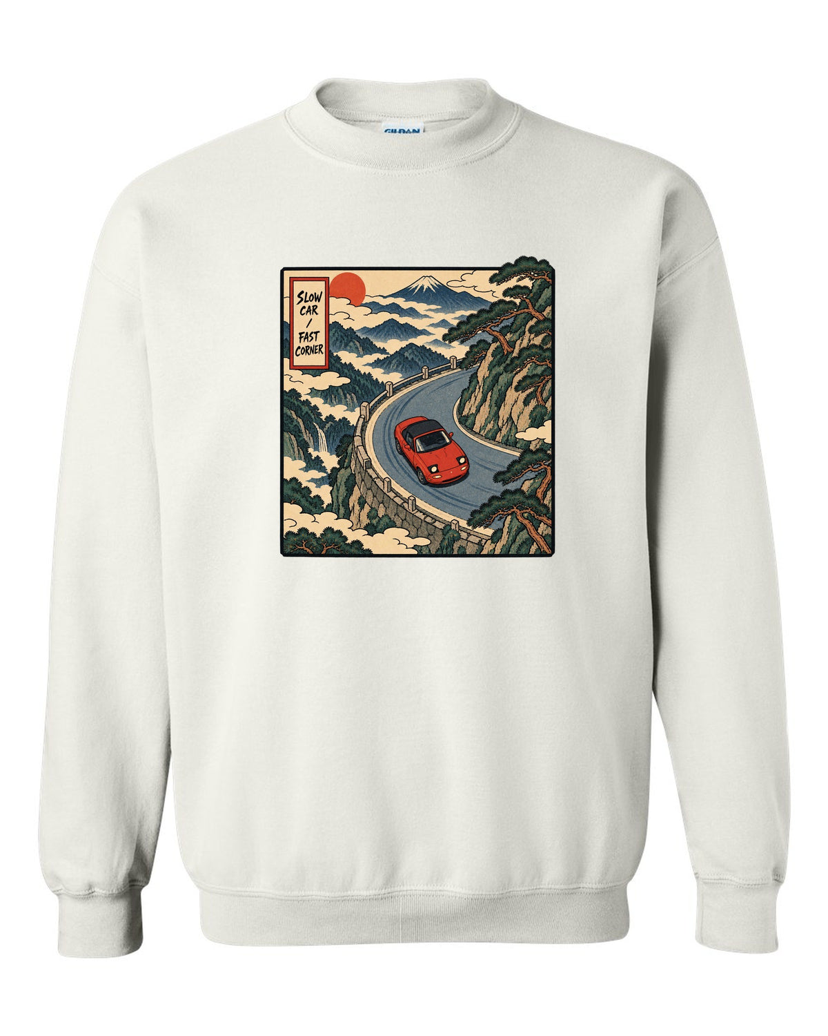 Flat silhouette row of Mazda MX-5 NA, NB, NC and ND generations white crewneck front view with the design
