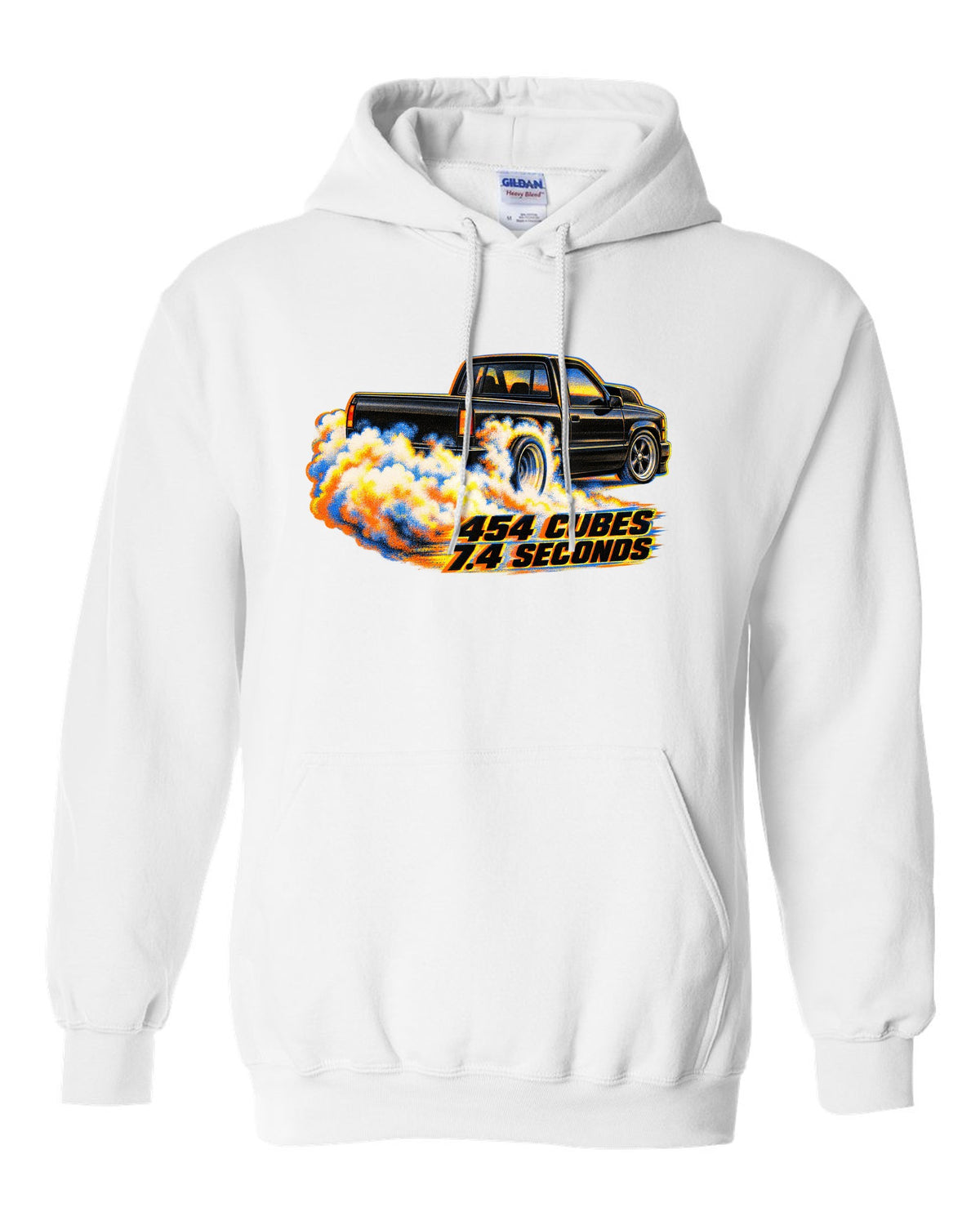 Risograph burnout smoke print of a 1990-93 Chevrolet 454 SS pickup with 454 cubes text white pull over hoodie front view with the design