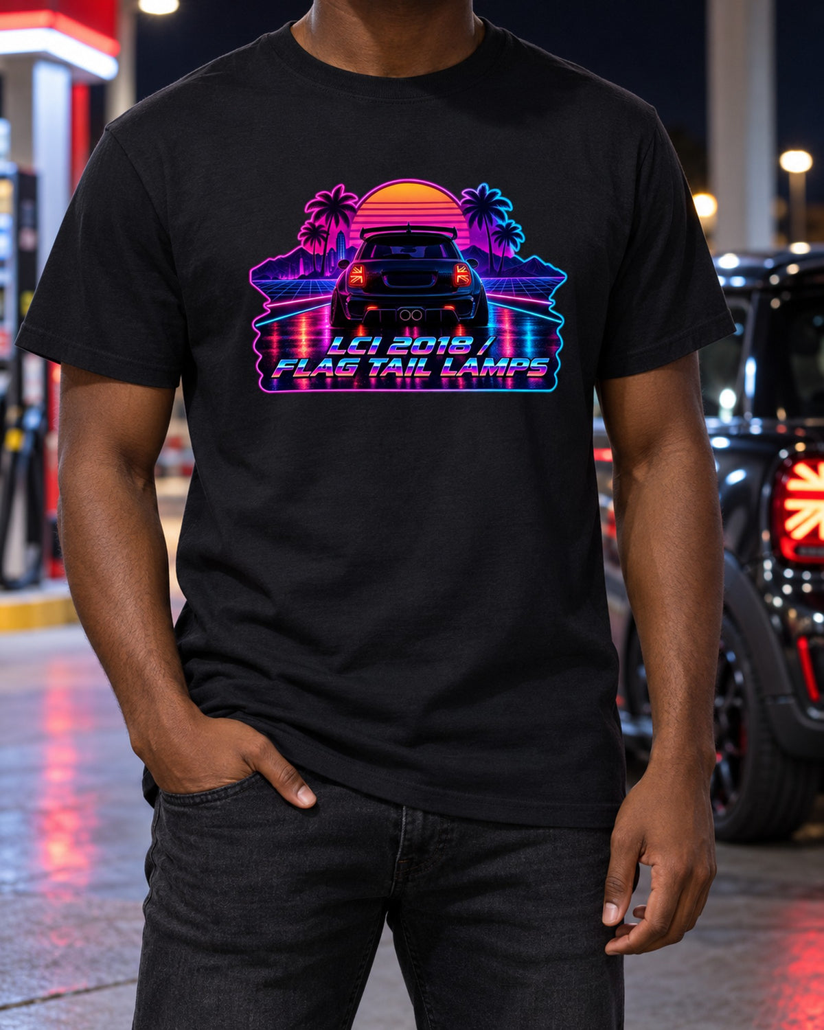 Mini Cooper JCW F56 LCI Synthwave Flag Tail Lamp Shirt T-Shirt Black worn hero