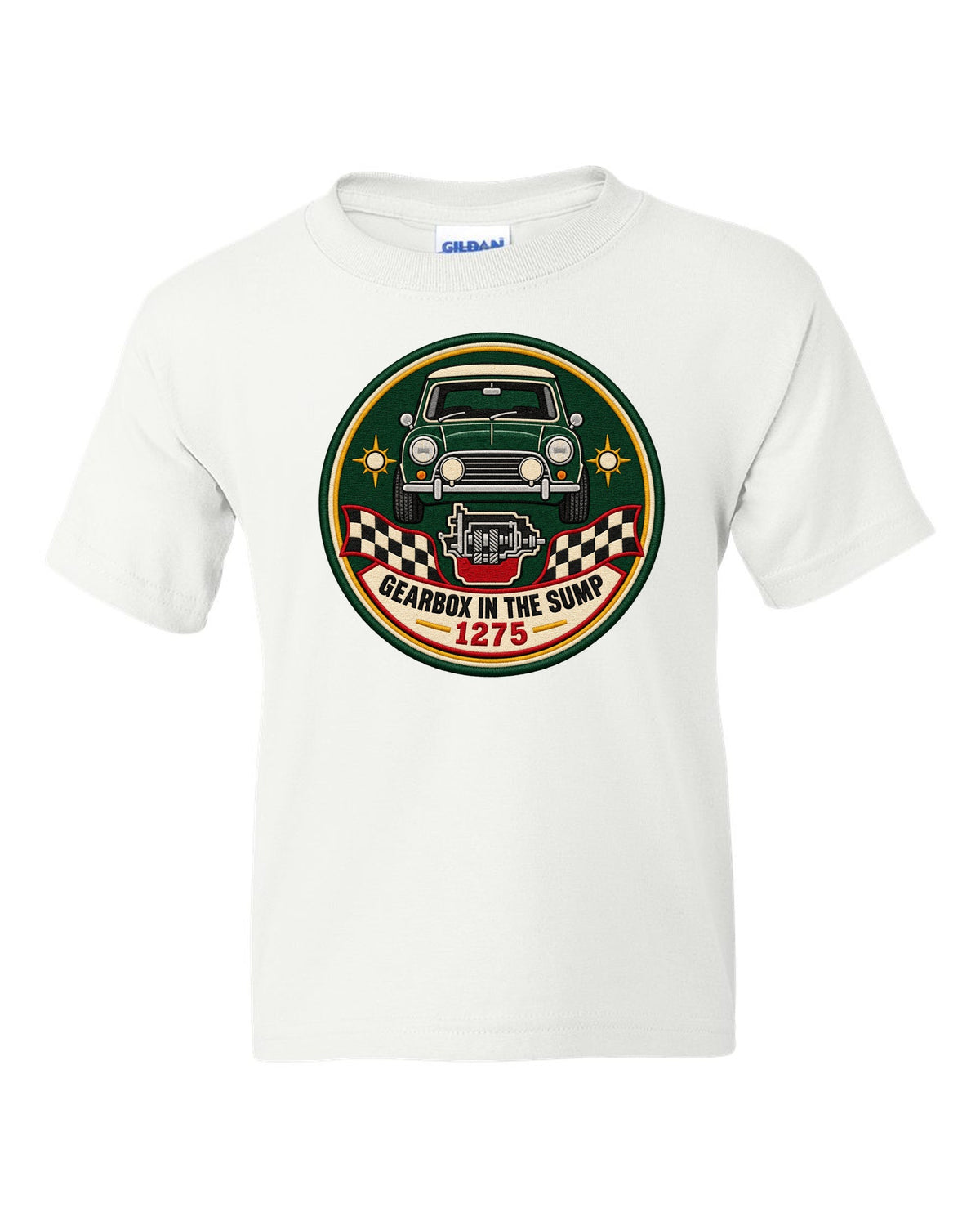 Round crest for the classic Mini Cooper S ADO15 with gearbox in the sump lettering white kids tee front view with the design