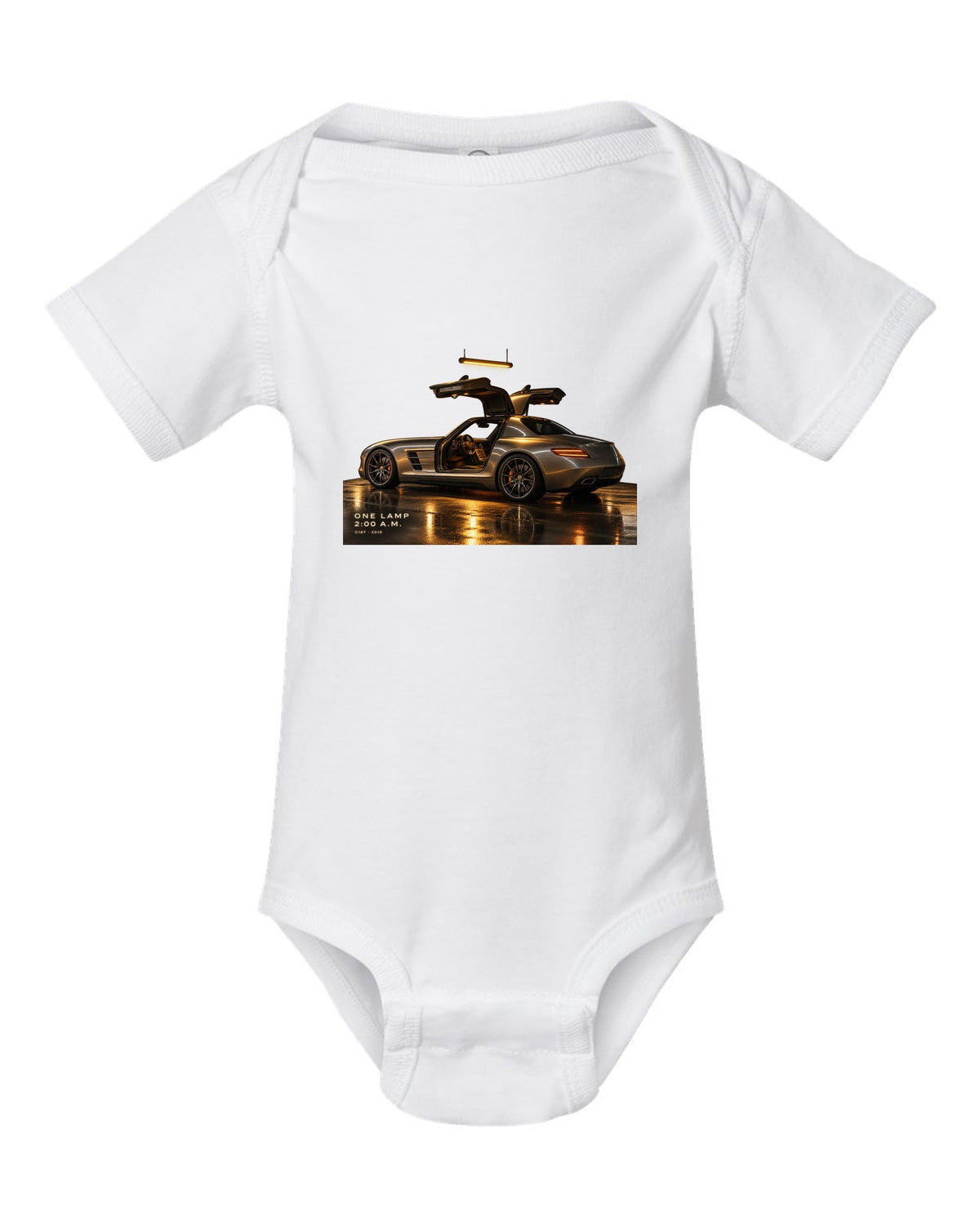 Garage night print of a Mercedes SLS AMG C197 under one lamp with 2:00 A.M. lettering white baby onesie front view with the design