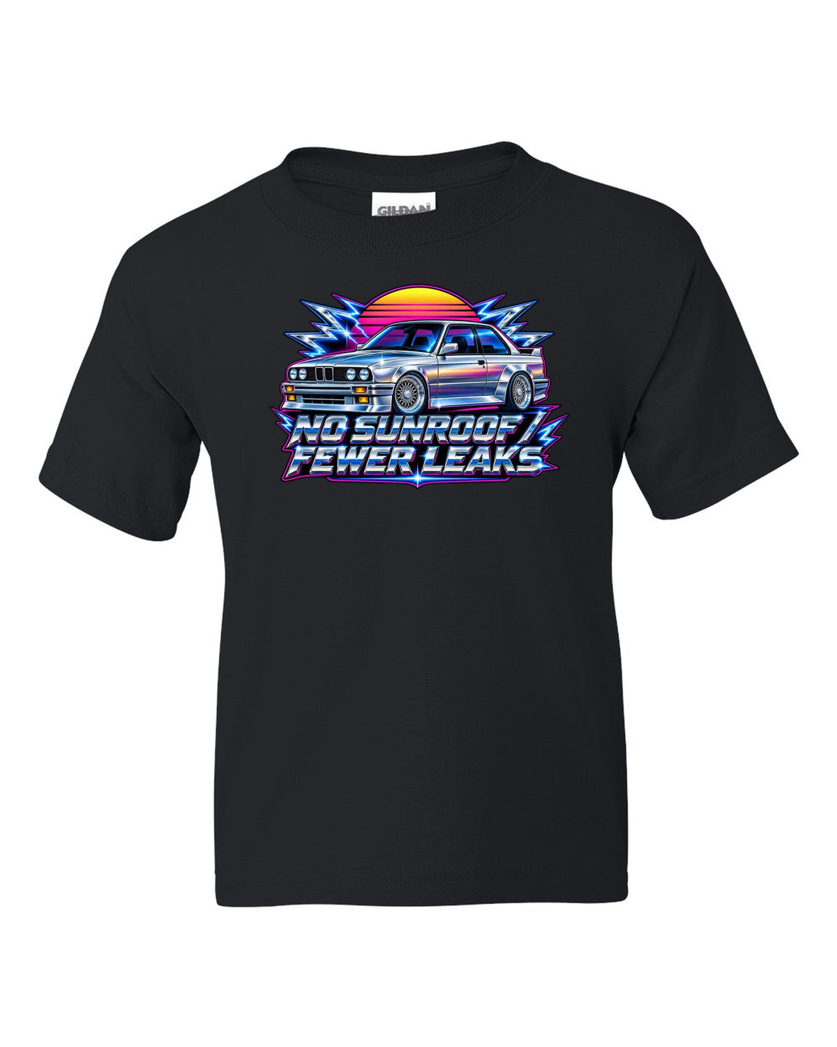 80s chrome airbrush print of a BMW E30 M3 with no sunroof fewer leaks text black kids tee front view with the design