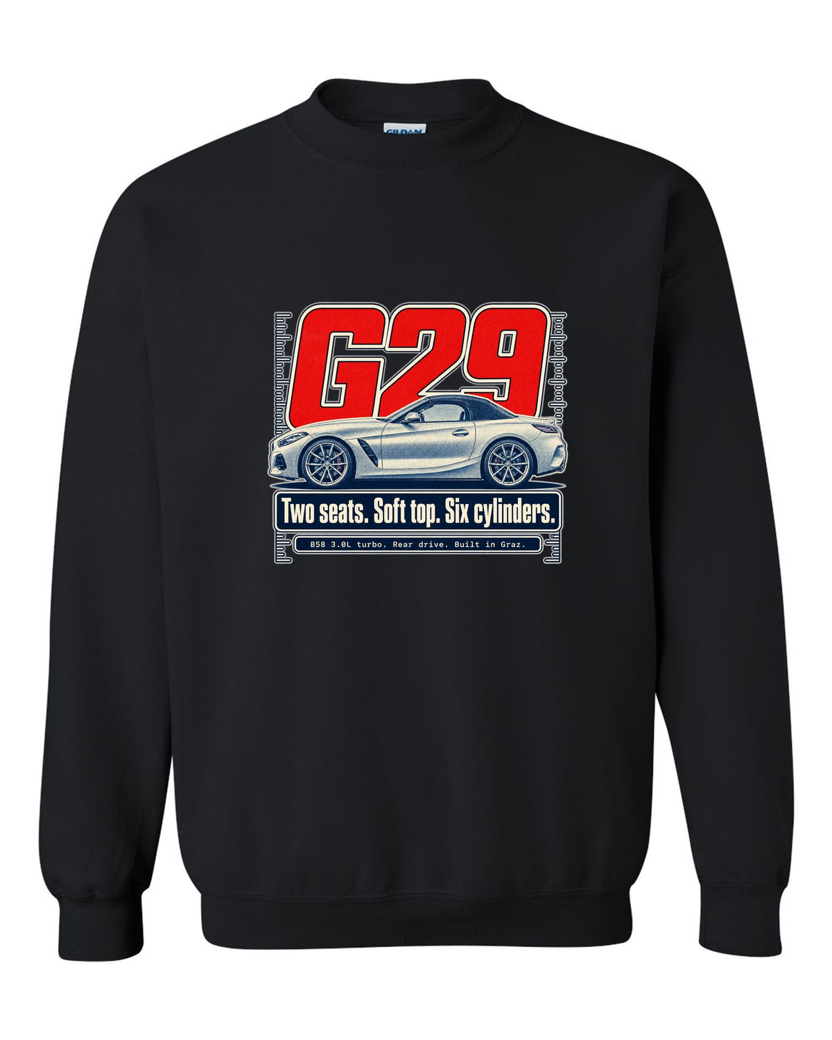 Halftone print of the BMW Z4 G29 roadster with two seats and six cylinders text black crewneck front view with the design
