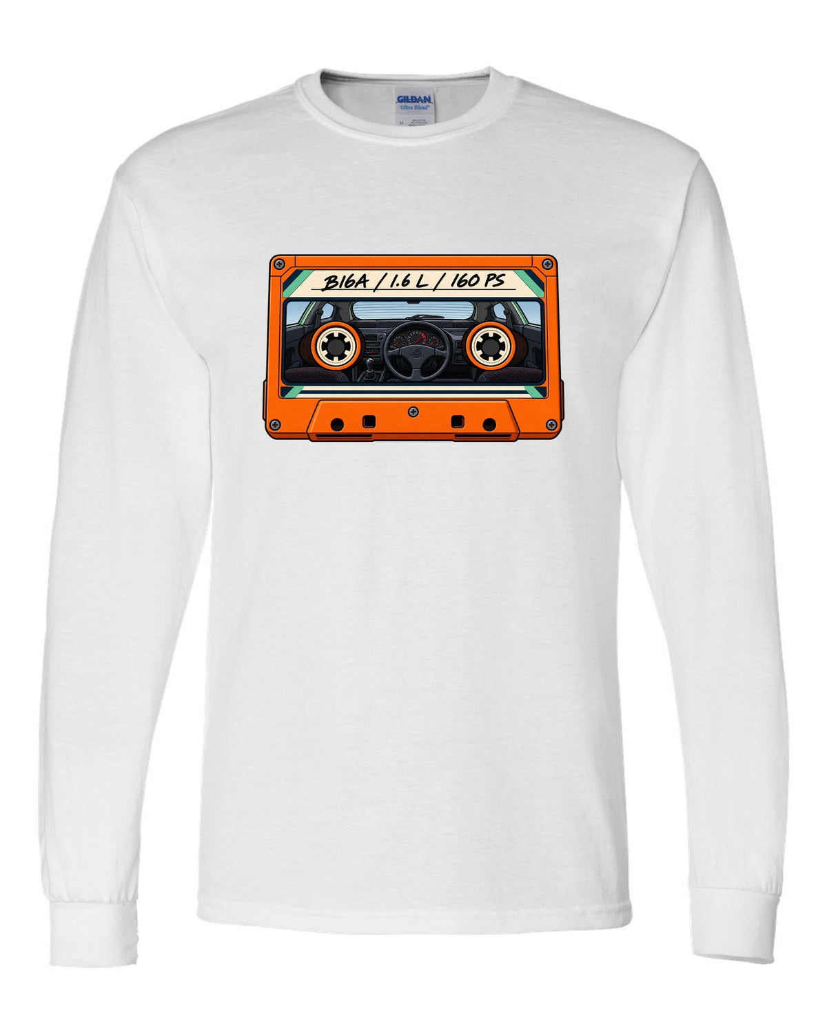 Lo-fi cassette label style print for a Honda Civic EG6 SiR with B16A 1.6 L 160 PS text white long sleeve front view with the design