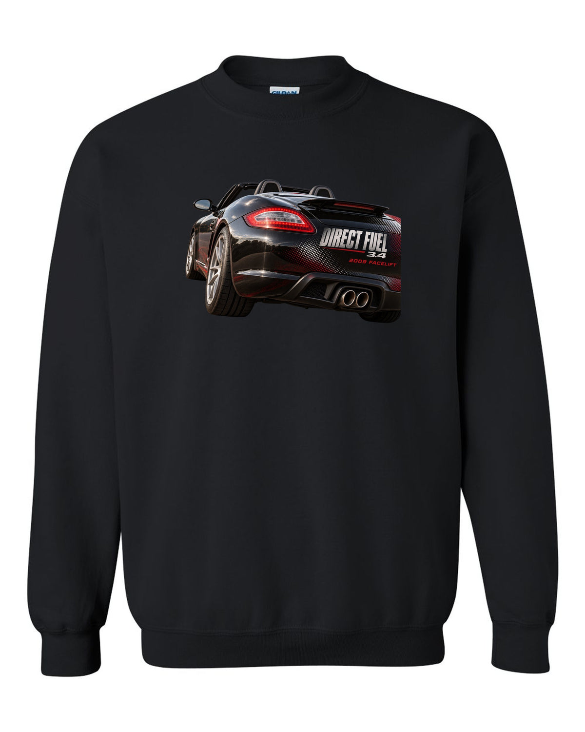 Taillight macro print of a Porsche Boxster 987.2 facelift black crewneck front view with the design