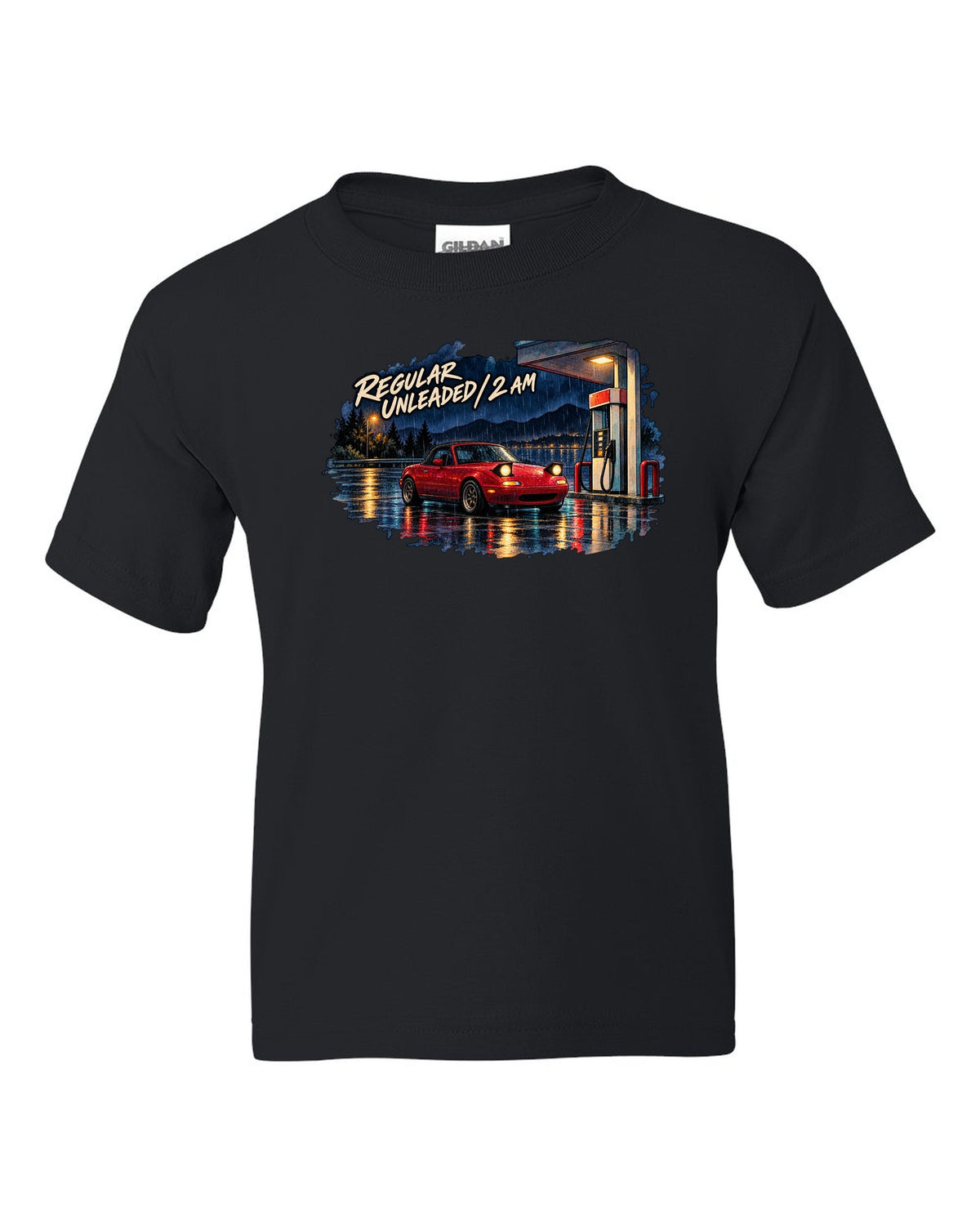 Watercolour wet-road night scene of a Mazda MX-5 NA at a fuel stop black kids tee front view with the design