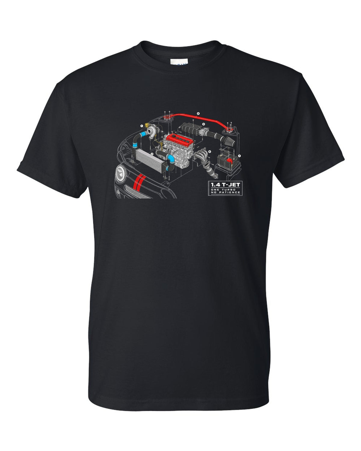 Exploded cutaway engine blueprint of the Abarth 695 1.4 T-Jet black t-shirt front view with the design