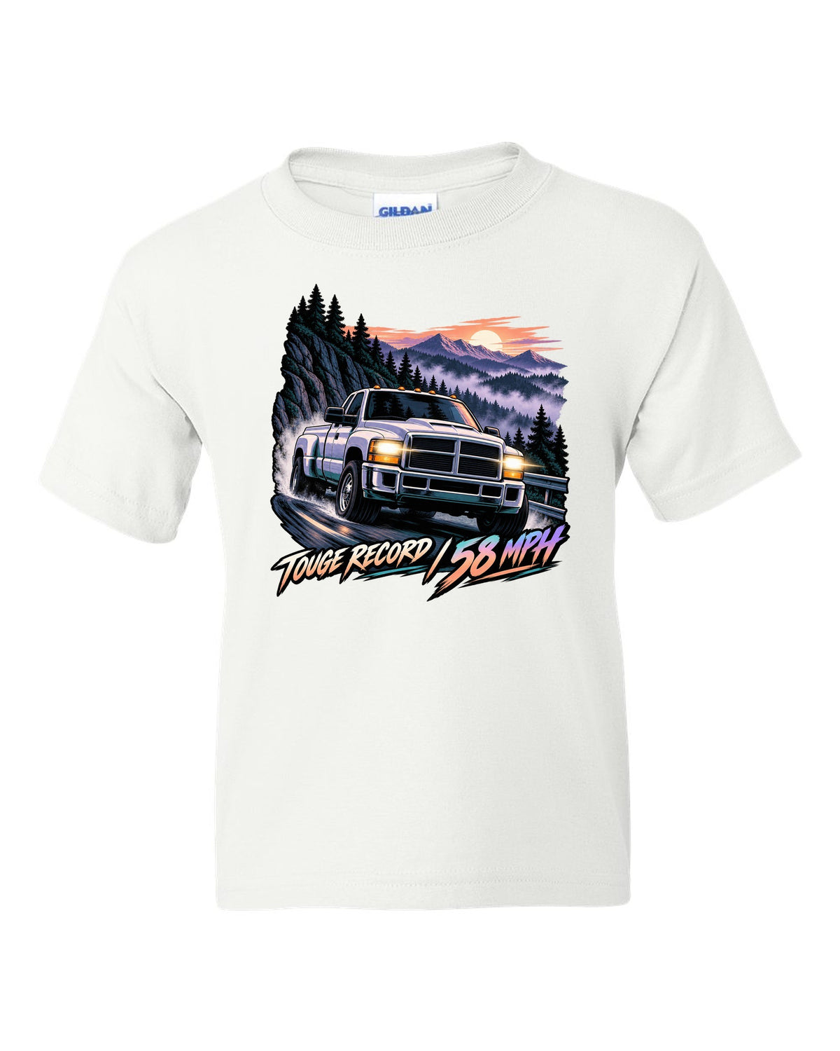 Cel-shaded anime night touge print of a 1994-1998 Dodge Ram 2500 12V Cummins white kids tee front view with the design