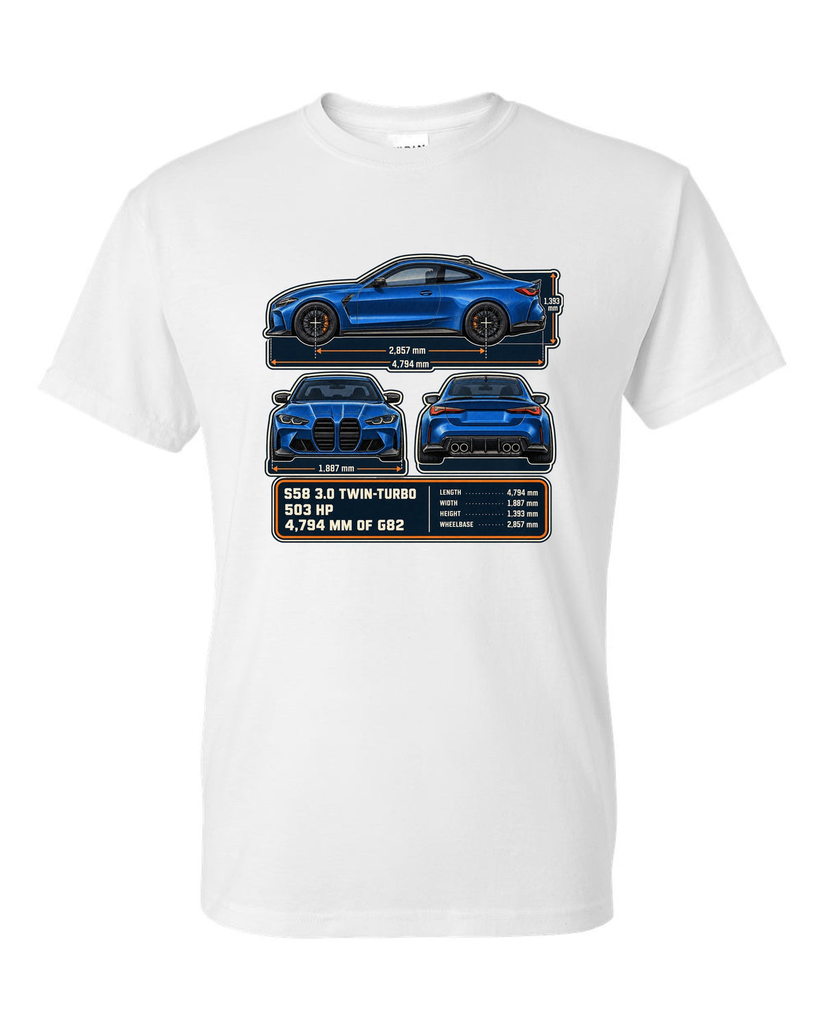 BMW M4 Competition G82 dimension blueprint print with S58 specs white t-shirt front view with the design
