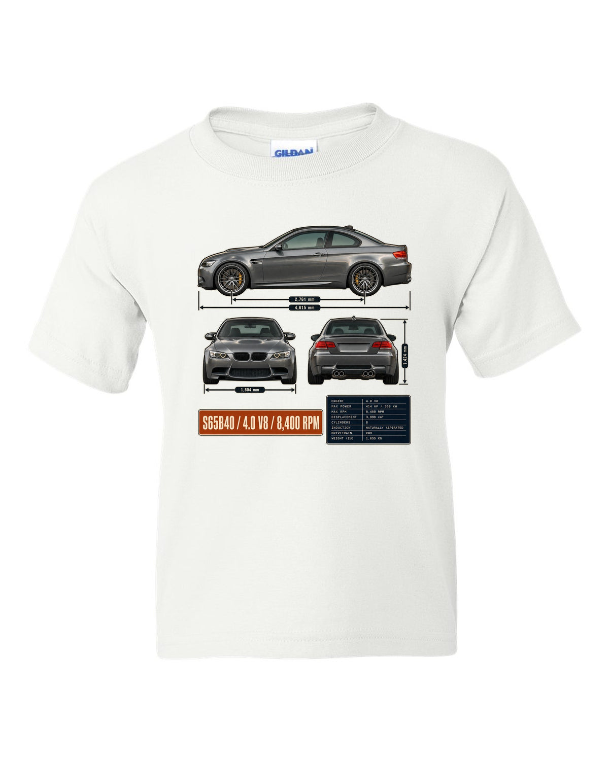 BMW M3 E92 coupe three-view drawing with S65 V8 spec table white kids tee front view with the design