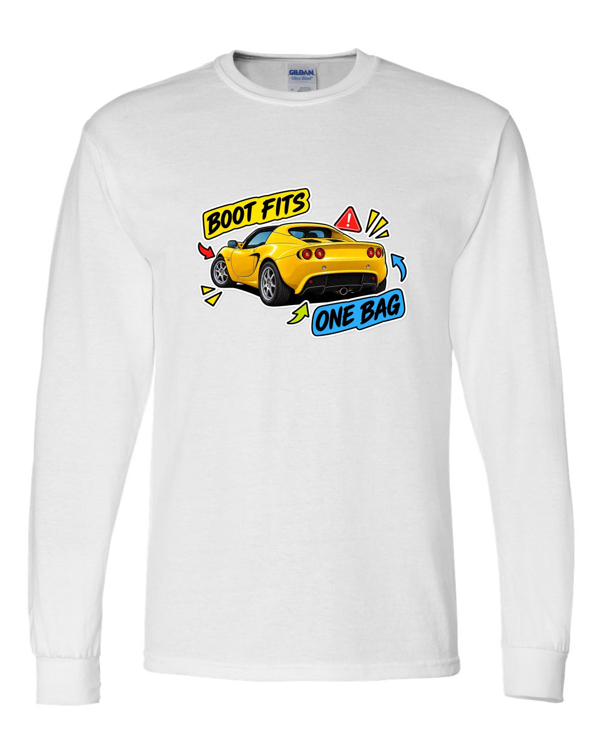 Lotus Elise S2 sticker bomb collage with BOOT FITS ONE BAG lettering white long sleeve front view with the design