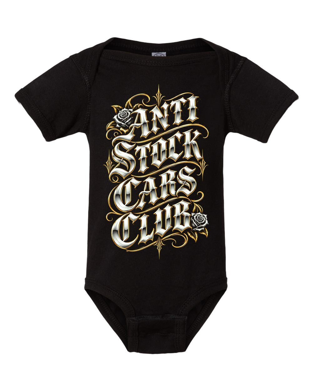Anti Stock Cars Club Lowrider Script Baby Onesie Black front