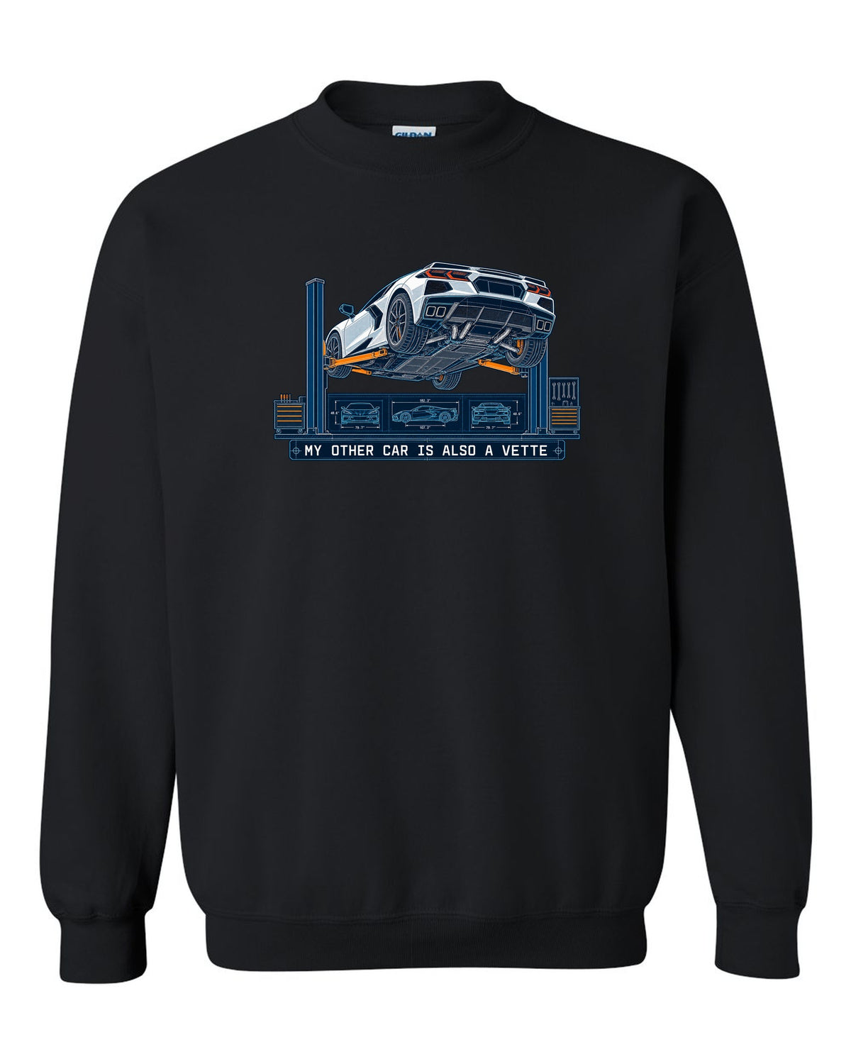 Blueprint line art of a 2020 Chevrolet Corvette C8 Stingray on a workshop lift black crewneck front view with the design