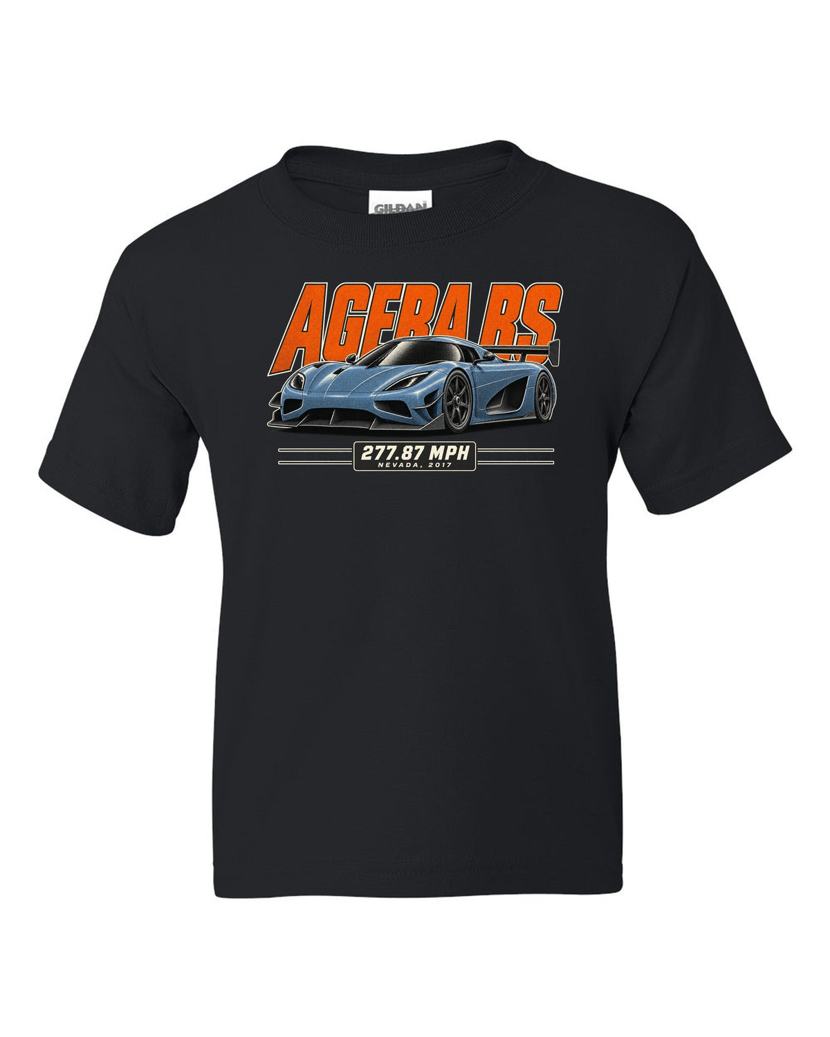 Halftone print of the Koenigsegg Agera RS with the text 277.87 mph, Nevada, 2017 black kids tee front view with the design