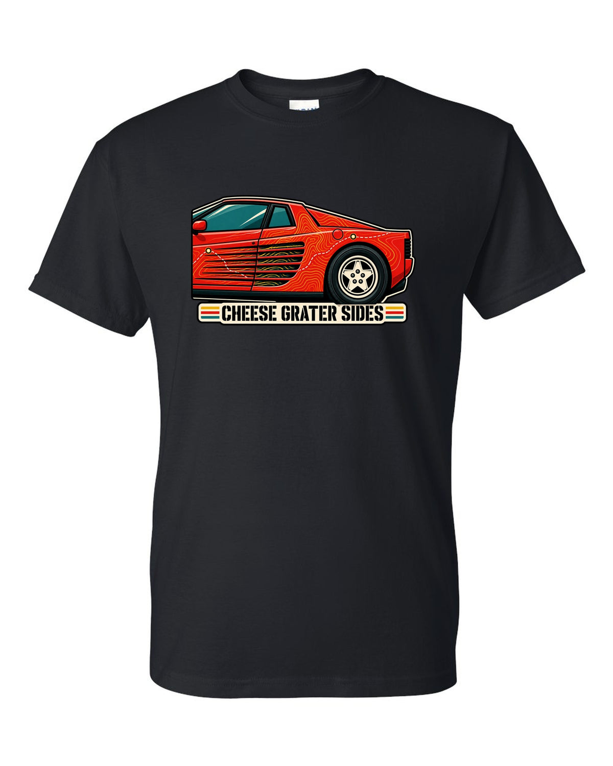 Topographic contour line print of the Ferrari Testarossa F110 with the text cheese grater sides black t-shirt front view with the design