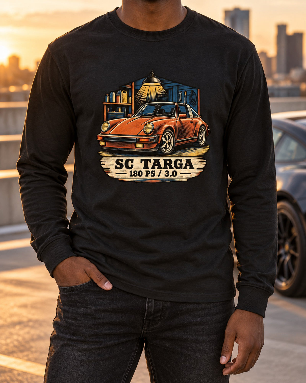 Blueprint Porsche 356 A 1.6 L Flat-Four Shirt, Car Guy Gift Long Sleeve Black worn hero