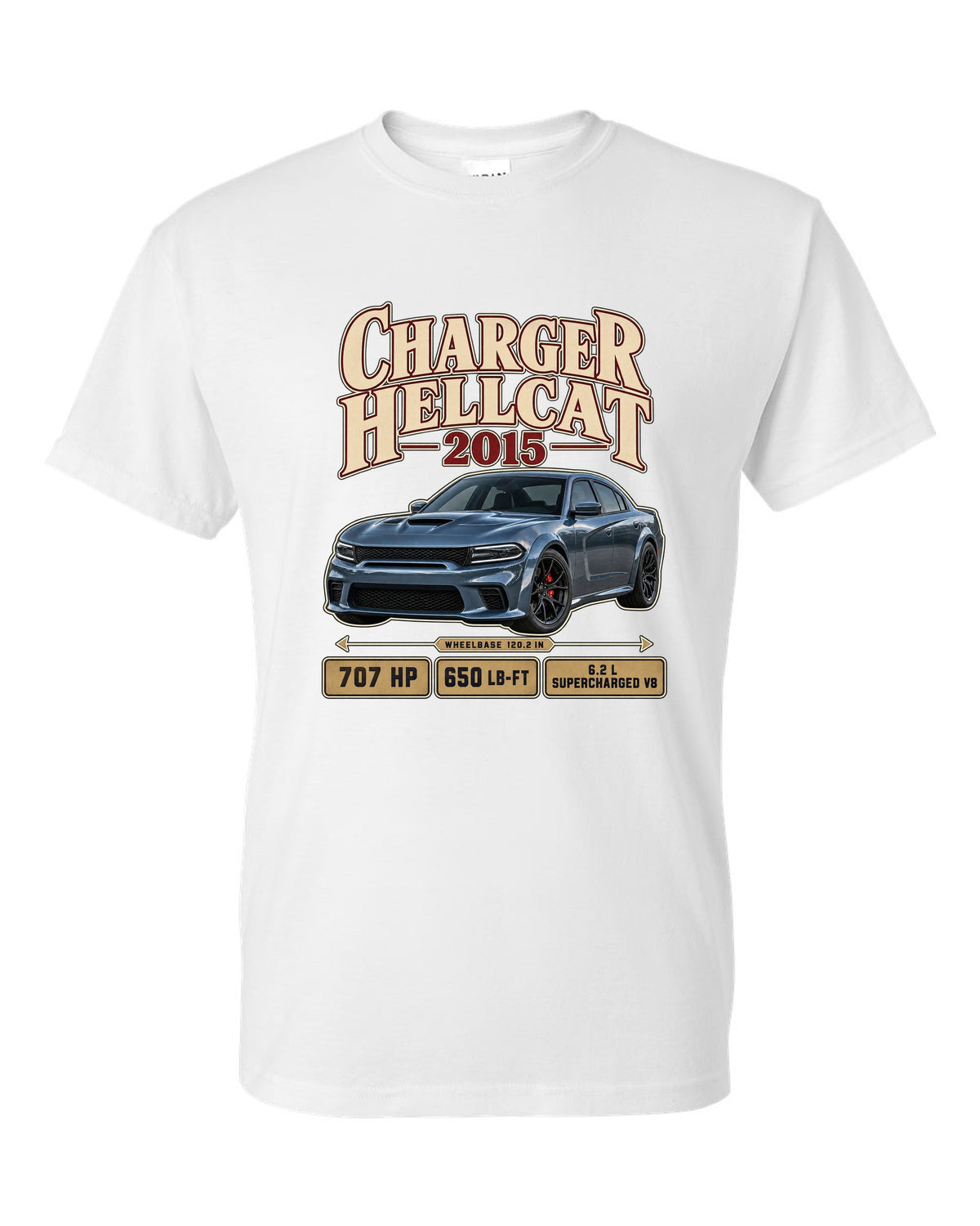 print of a 2015 Dodge Charger SRT Hellcat in an archive panel layout white t-shirt front view with the design