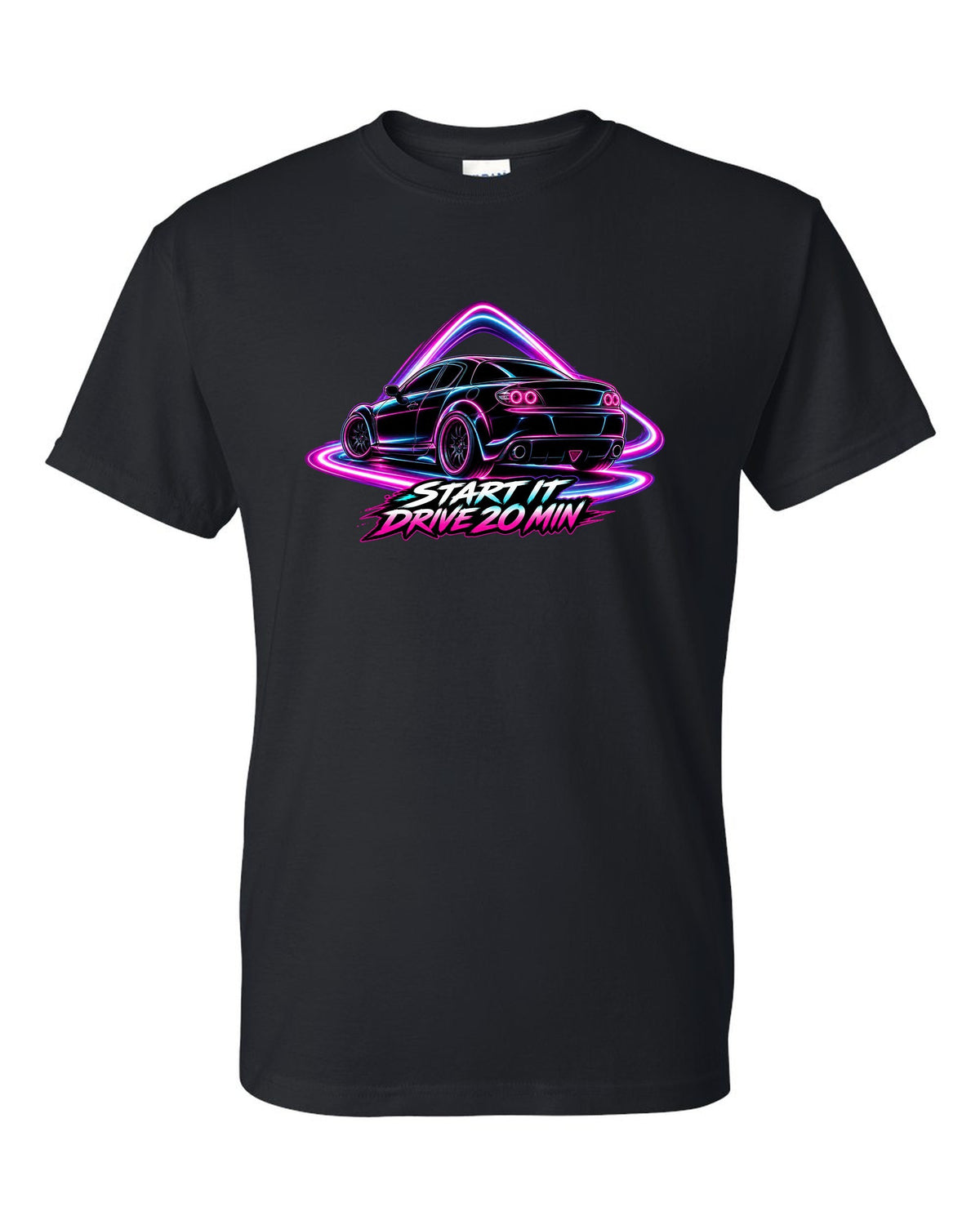 Neon outline light painting of a Mazda RX-8 SE3P with START IT / DRIVE 20 MIN lettering black t-shirt front view with the design
