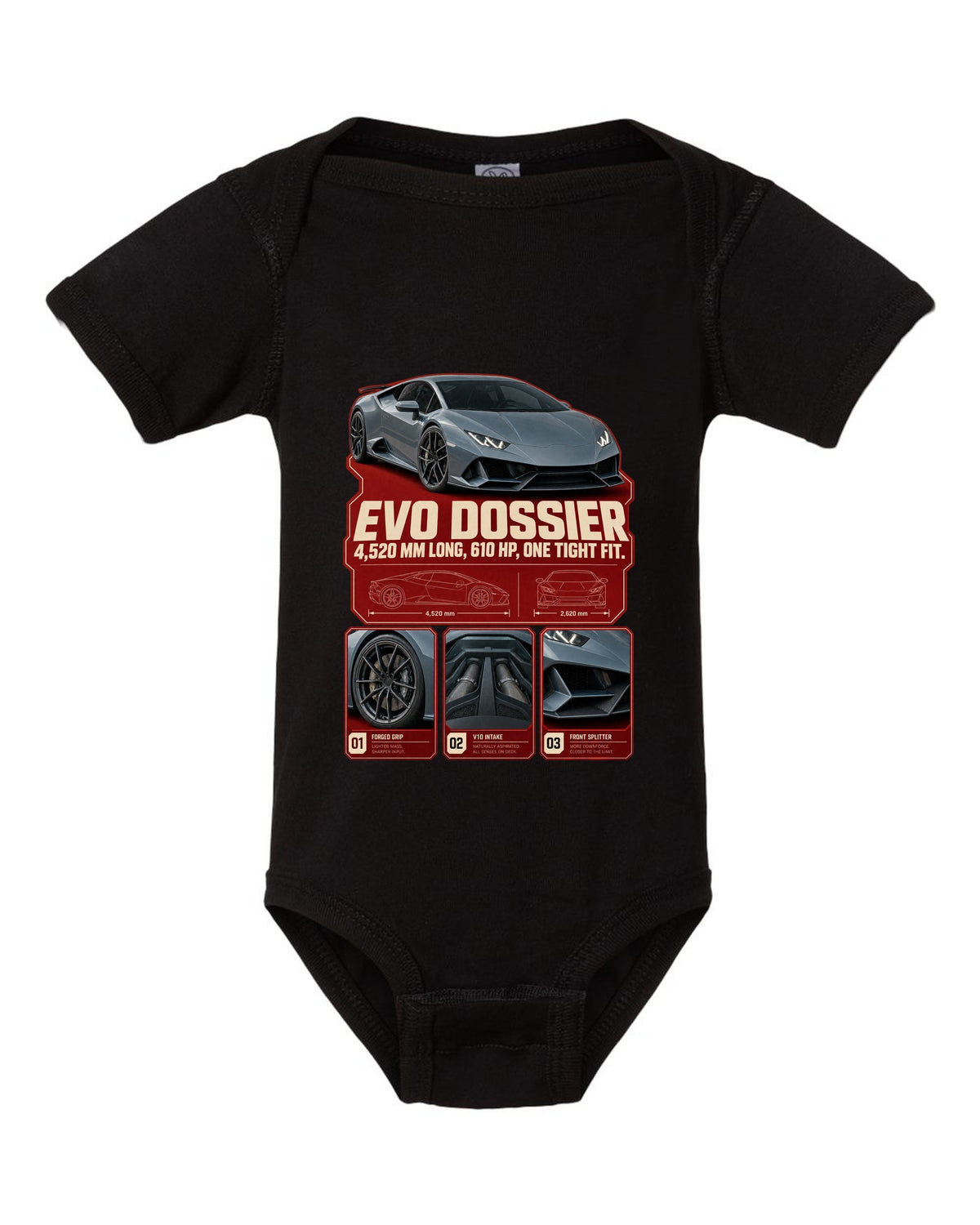 Dossier panel print of the Lamborghini Huracan EVO black baby onesie front view with the design