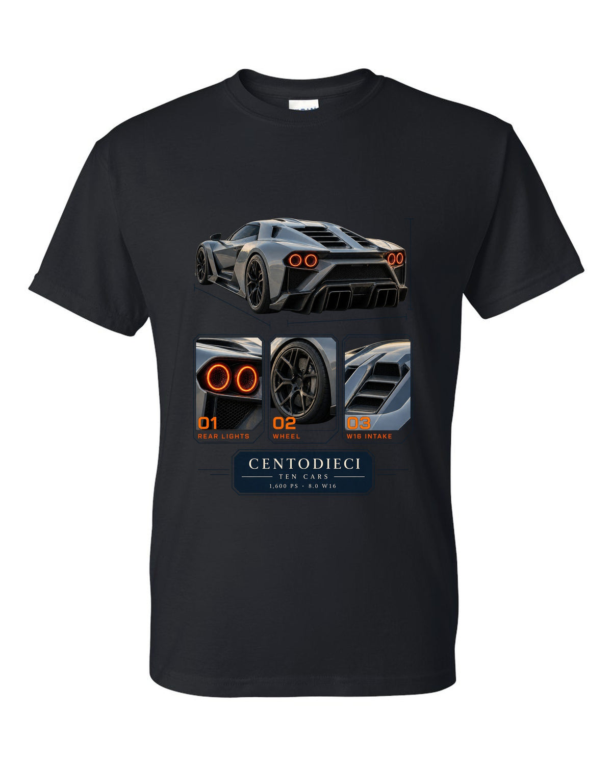 Dossier panel layout of the Bugatti Centodieci with ten-car text, print black t-shirt front view with the design