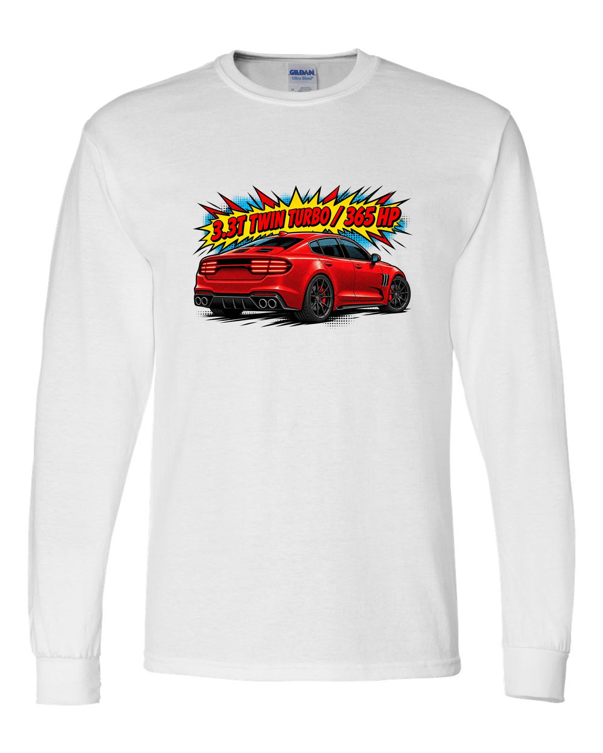 Comic halftone print of a Kia Stinger GT CK rear with 3.3T twin turbo 365 HP text white long sleeve front view with the design