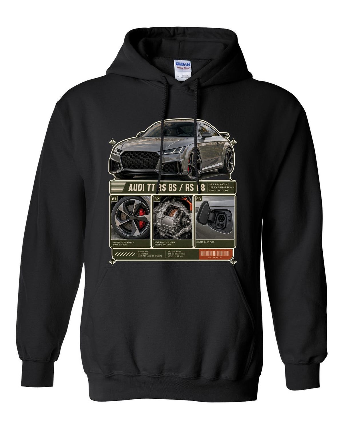 Audi RS e-tron GT dossier panels with wheel, motor and charge port print design black pull over hoodie front view with the design