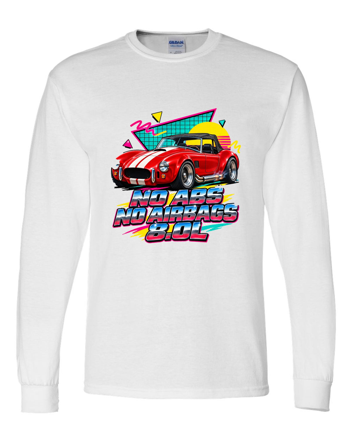 Airbrushed 90s Memphis grid print of a 1992 Dodge Viper RT/10 with no ABS text white long sleeve front view with the design